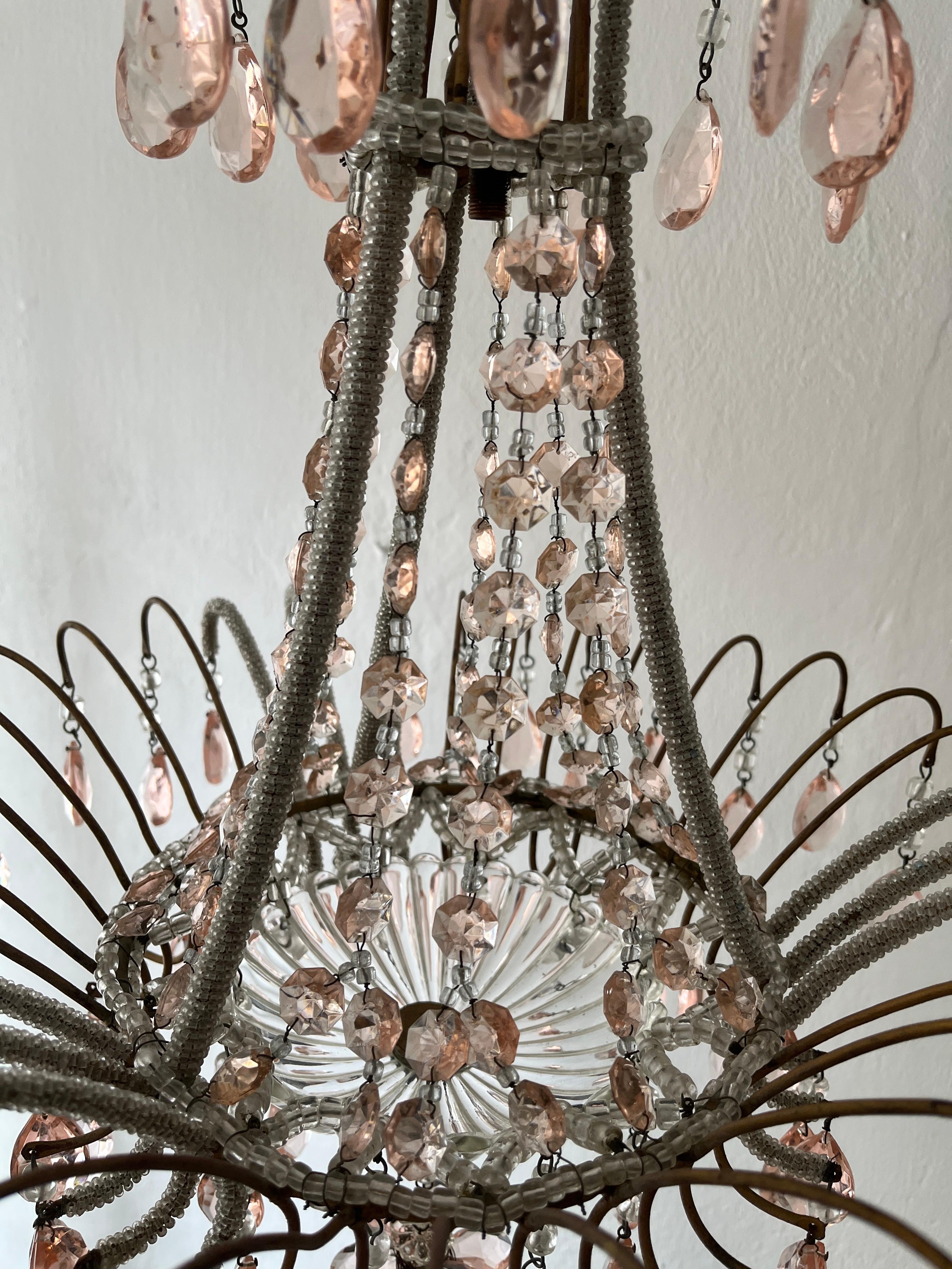 Italian Micro-Beaded Pink Prisms Crystal Chandelier Rare c1920 For Sale 1