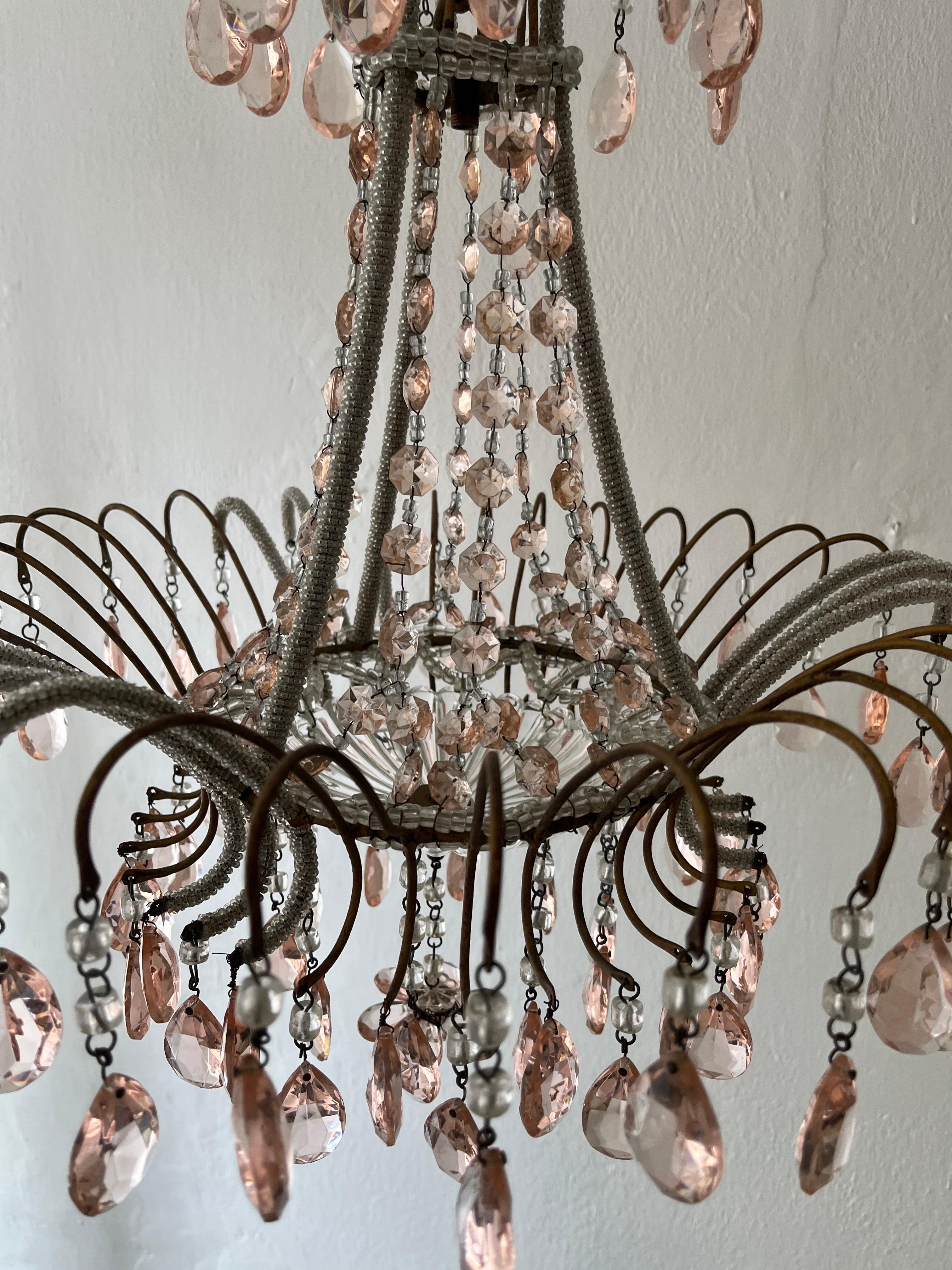 Italian Micro-Beaded Pink Prisms Crystal Chandelier Rare c1920 For Sale 2