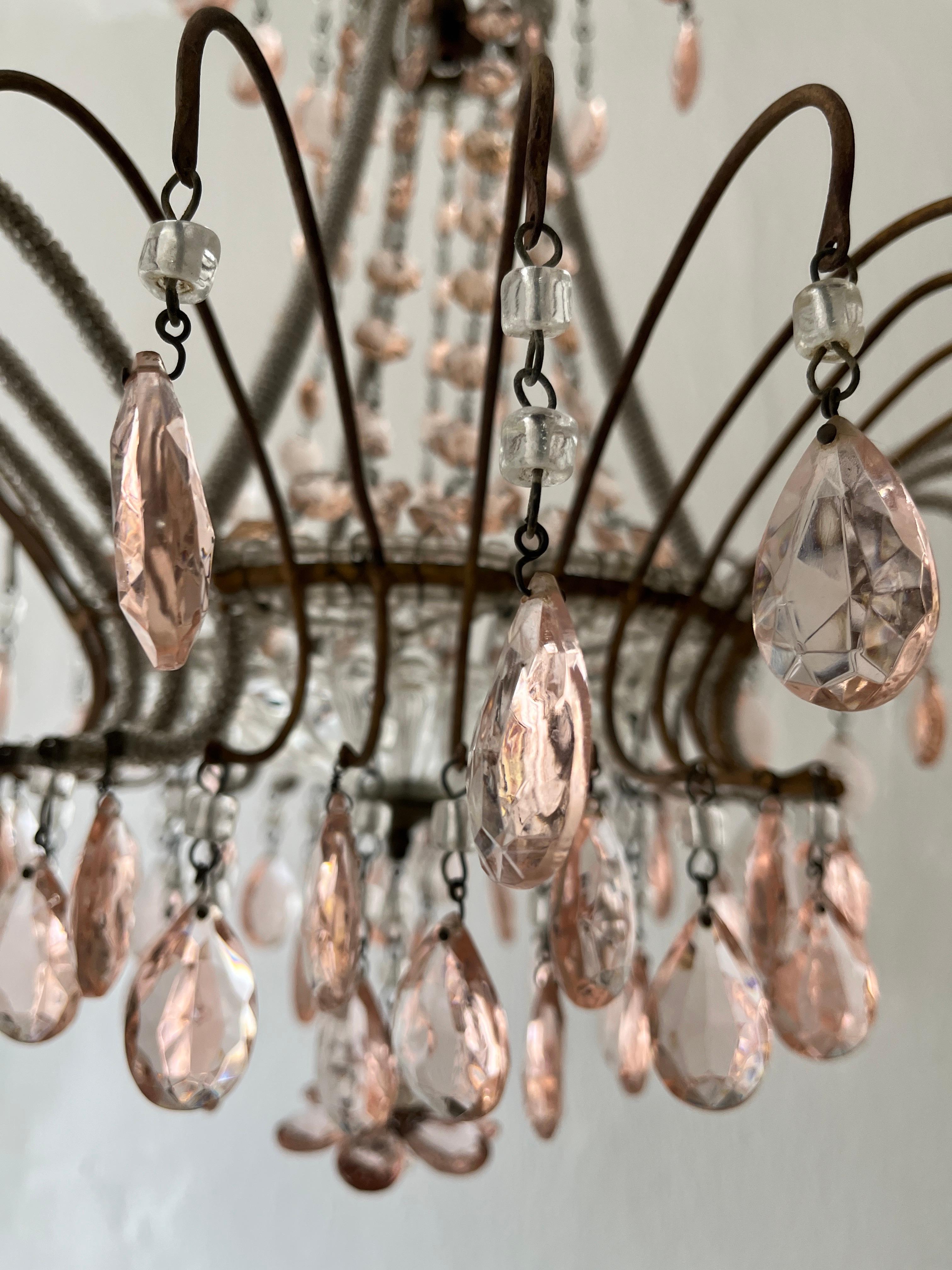 Italian Micro-Beaded Pink Prisms Crystal Chandelier Rare c1920 For Sale 3