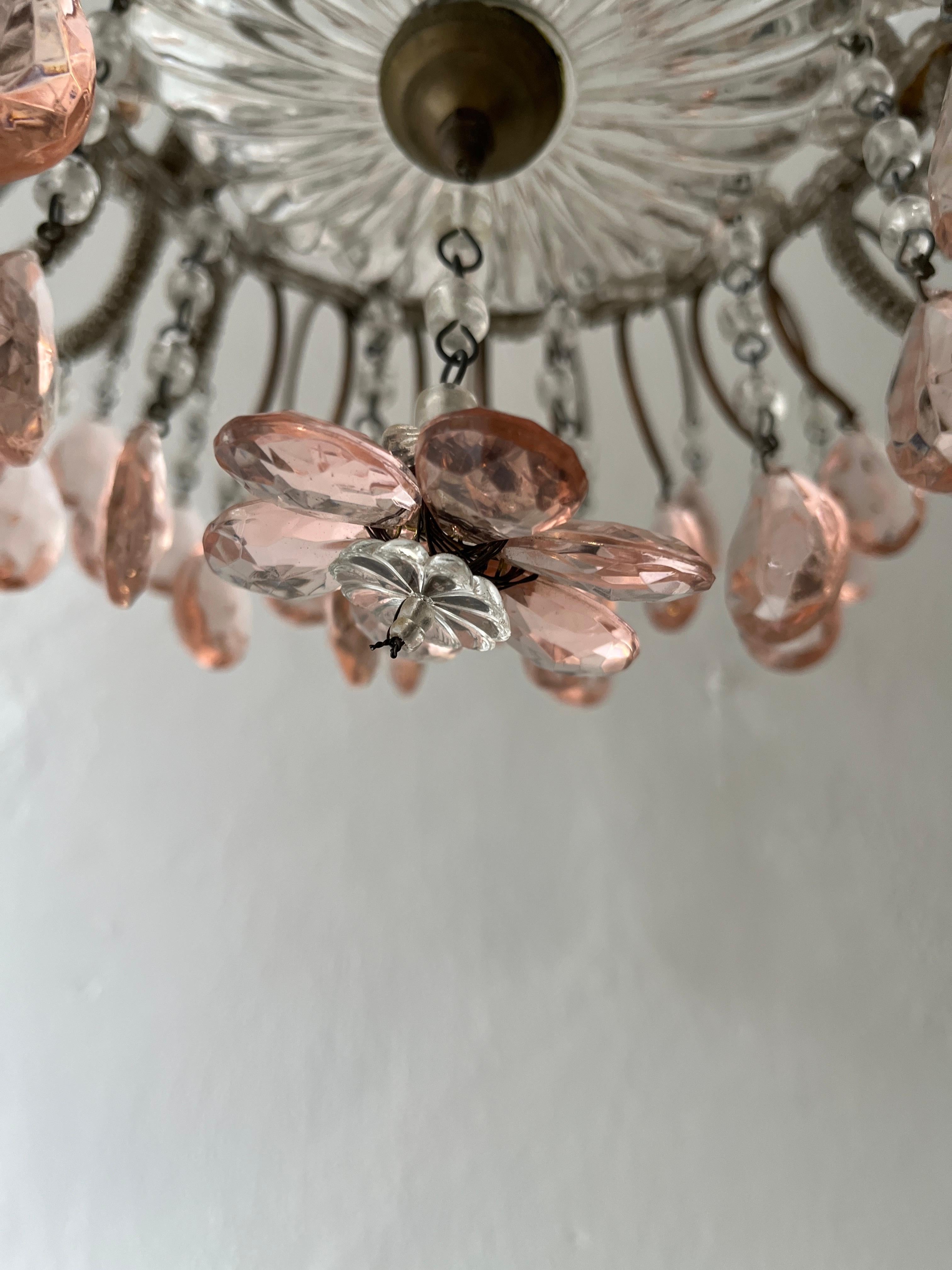 Italian Micro-Beaded Pink Prisms Crystal Chandelier Rare c1920 For Sale 4
