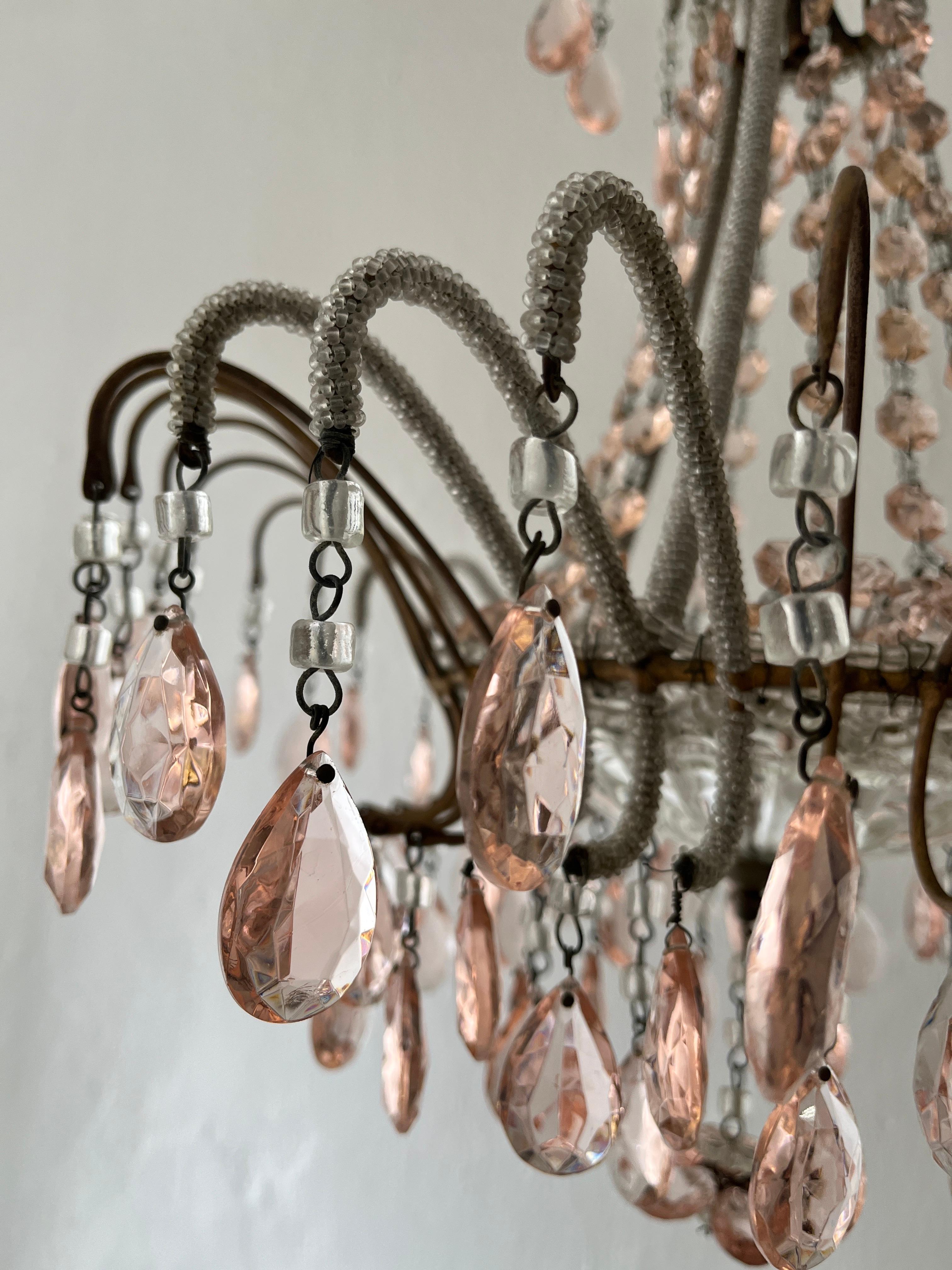 Italian Micro-Beaded Pink Prisms Crystal Chandelier Rare c1920 For Sale 5
