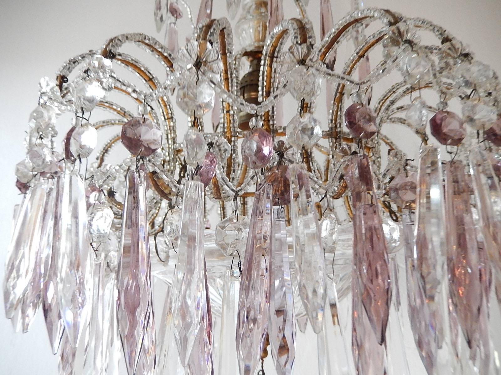 Early 20th Century Italian Micro-Beaded Purple Lavender Crystal Prisms Chandelier circa 1920 For Sale