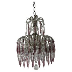 Italian Micro-Beaded Tiered Amethyst Crystal Prisms Chandelier c 1920 One of Two