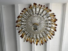 Italian Micro-Beaded Tiered Yellow Crystal Prisms Chandelier c 1920 Amber