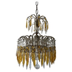 Italian Micro-Beaded Tiered Yellow Crystal Prisms Chandelier c 1920 Amber