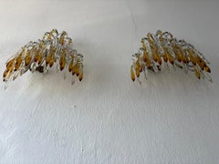Italian Micro Beaded Yellow Amber & Clear Loaded Crystal Sconces, circa 1920