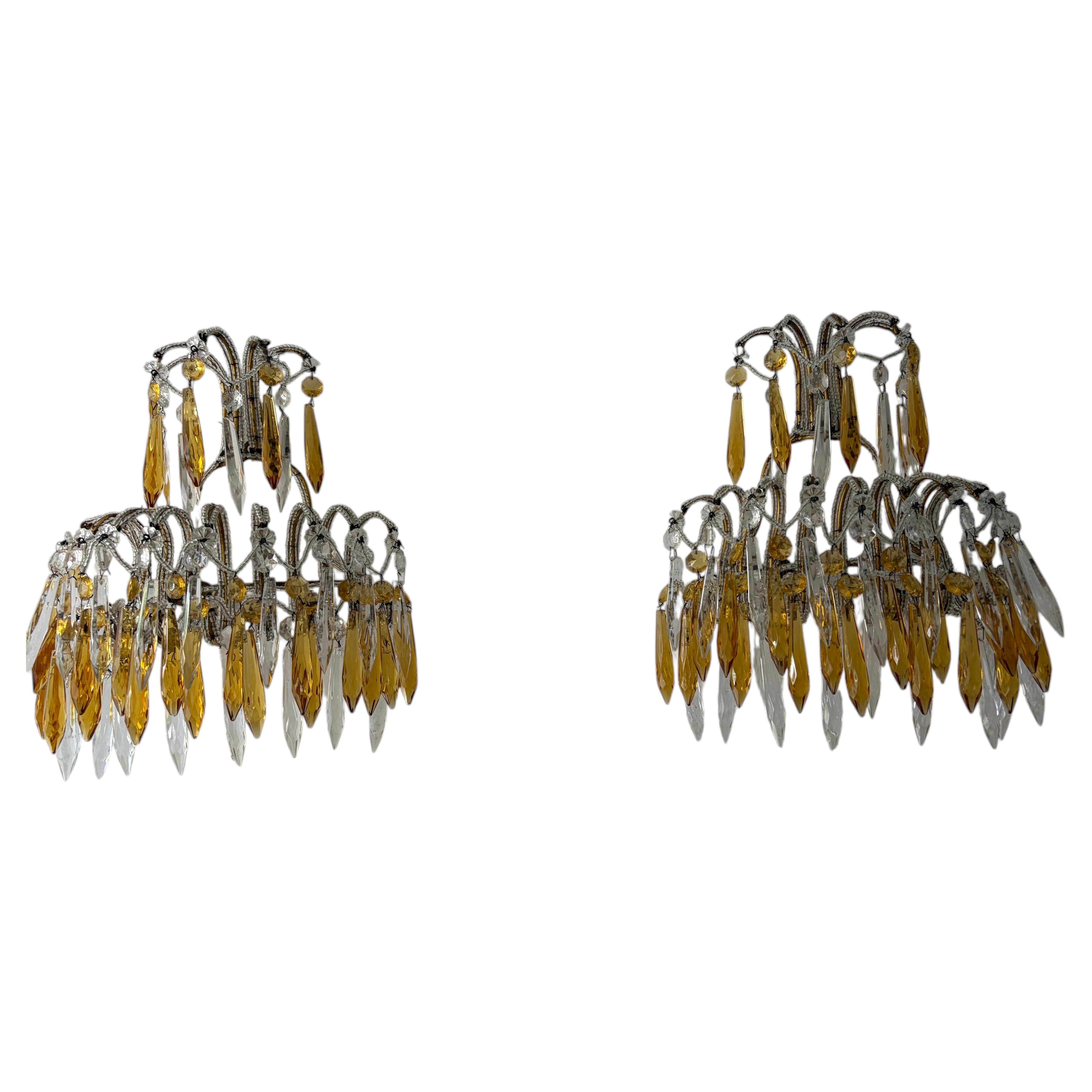 Appliques italiennes en microperles d'ambre jaune et cristal clair chargé, circa 1920 en vente