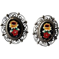 Italian Micro Mosaic Floral Brooch and Earring Set in Silver Filigree, 1950s