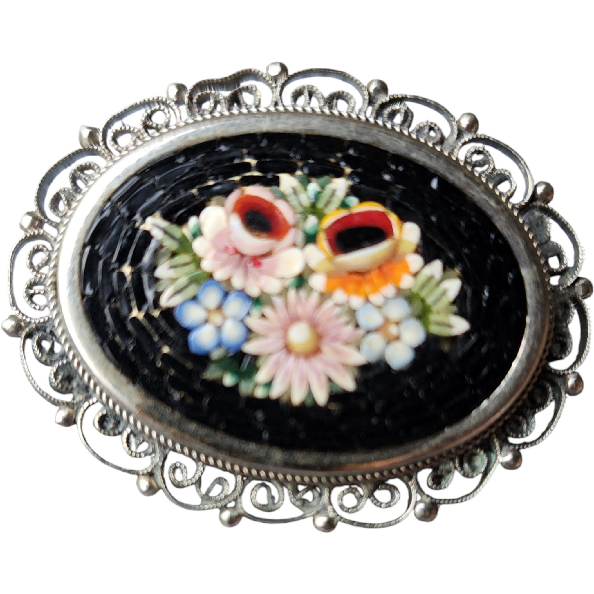 Baguette Cut Italian Micro Mosaic Floral Brooch and Earring Set in Silver Filigree, 1950s For Sale