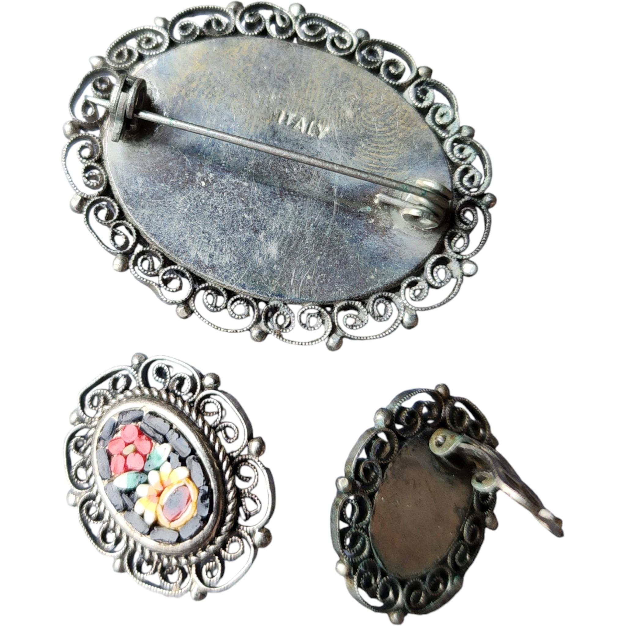 Italian Micro Mosaic Floral Brooch and Earring Set in Silver Filigree, 1950s In Good Condition For Sale In Milford, DE