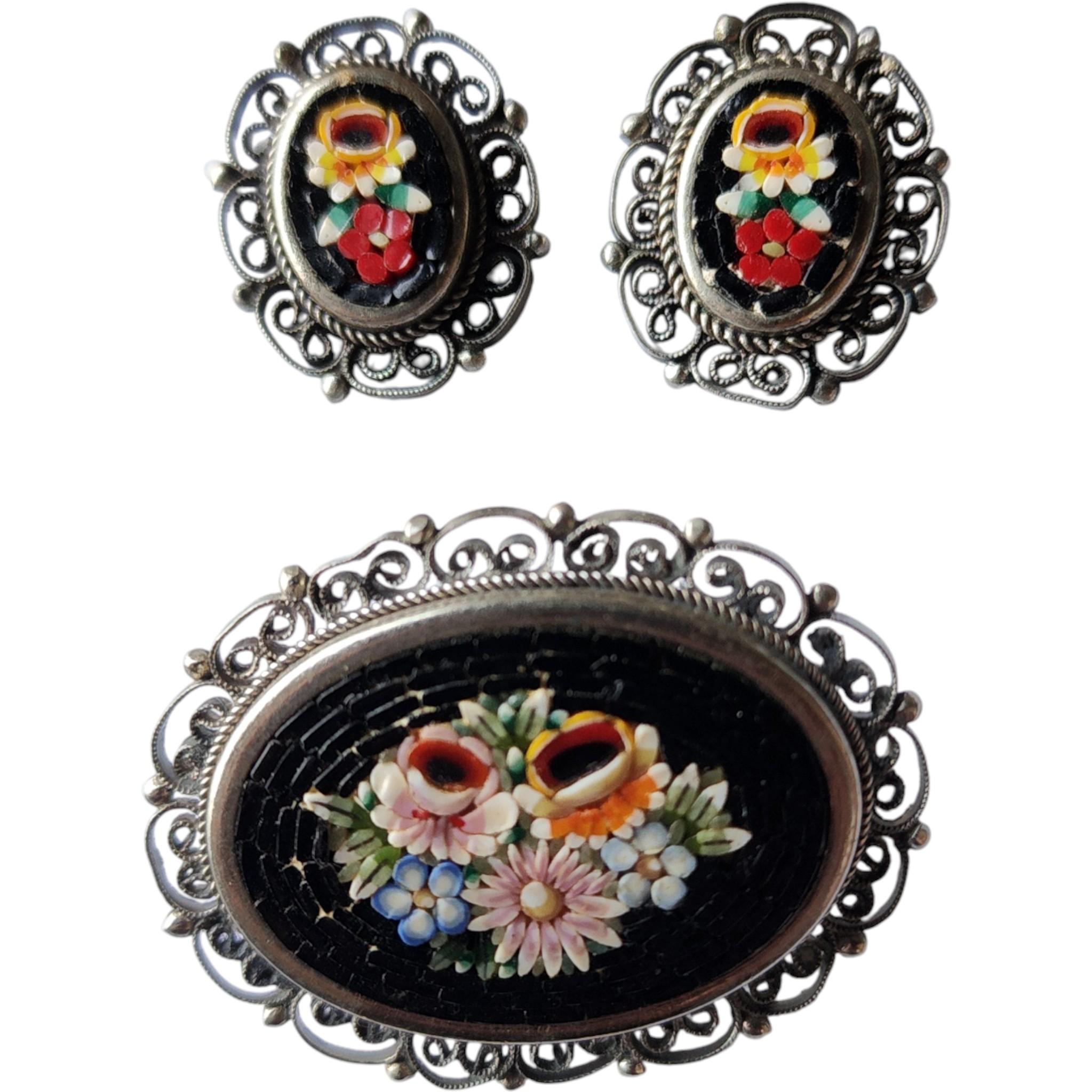 Italian Micro Mosaic Floral Brooch and Earring Set in Silver Filigree, 1950s For Sale