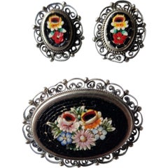 Italian Micro Mosaic Floral Brooch and Earring Set in Silver Filigree, 1950s Vintage Italian Micro Mosaic Floral Brooch and Earring Set in Silver Filigree, 1950s
