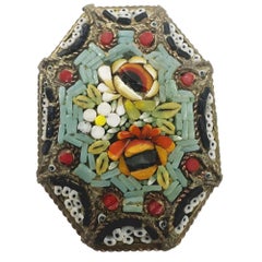 Italian Micro Mosaic Inlay Jade Brass Brooch