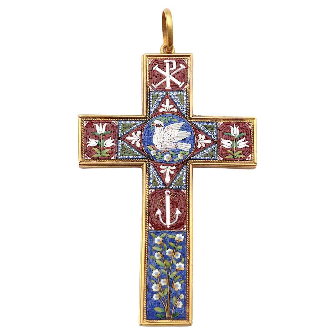 Pendentif croix en micromosaïque italienne en or 18 carats, Bijoux Grand Tour en vente