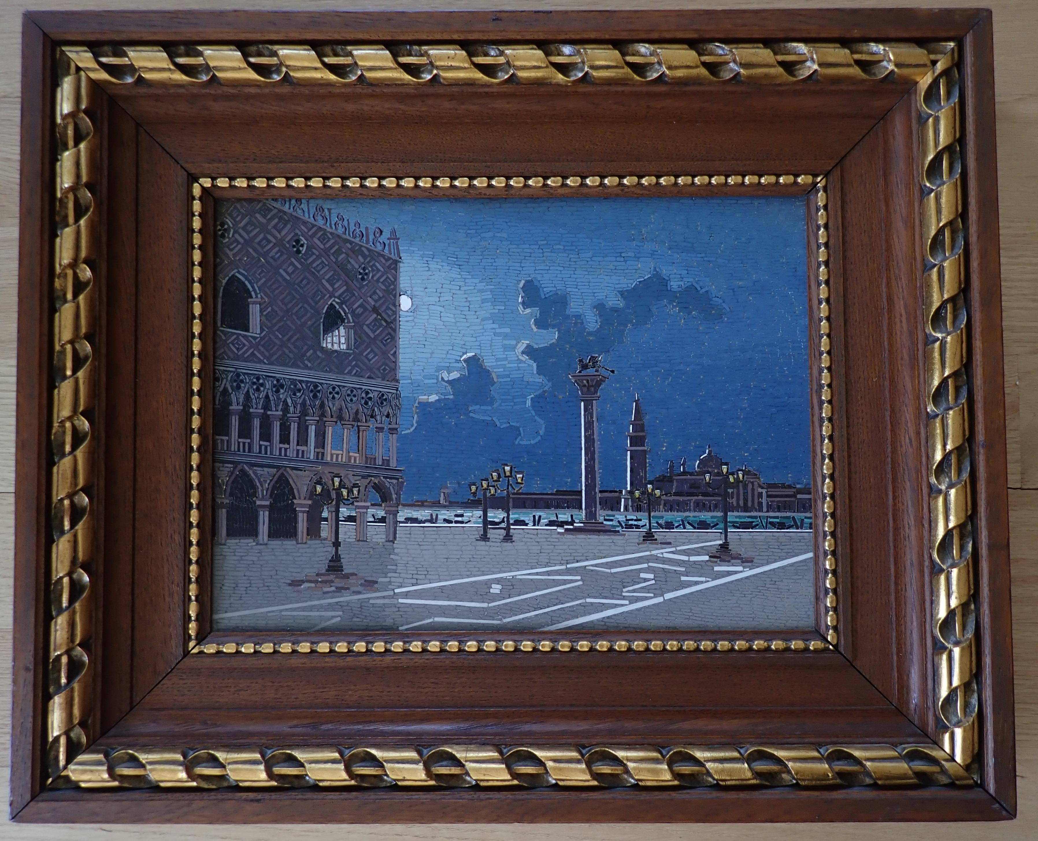Italian Micromosaic Plaque of Venice. 19th century Italian micro mosaic (micromosaic) plaque. The image depicts St. Marks Square, Venice. The Venetian scene is highlighted by a beautiful moon lit evening sky.
Image size approx. 14 x 10.


   