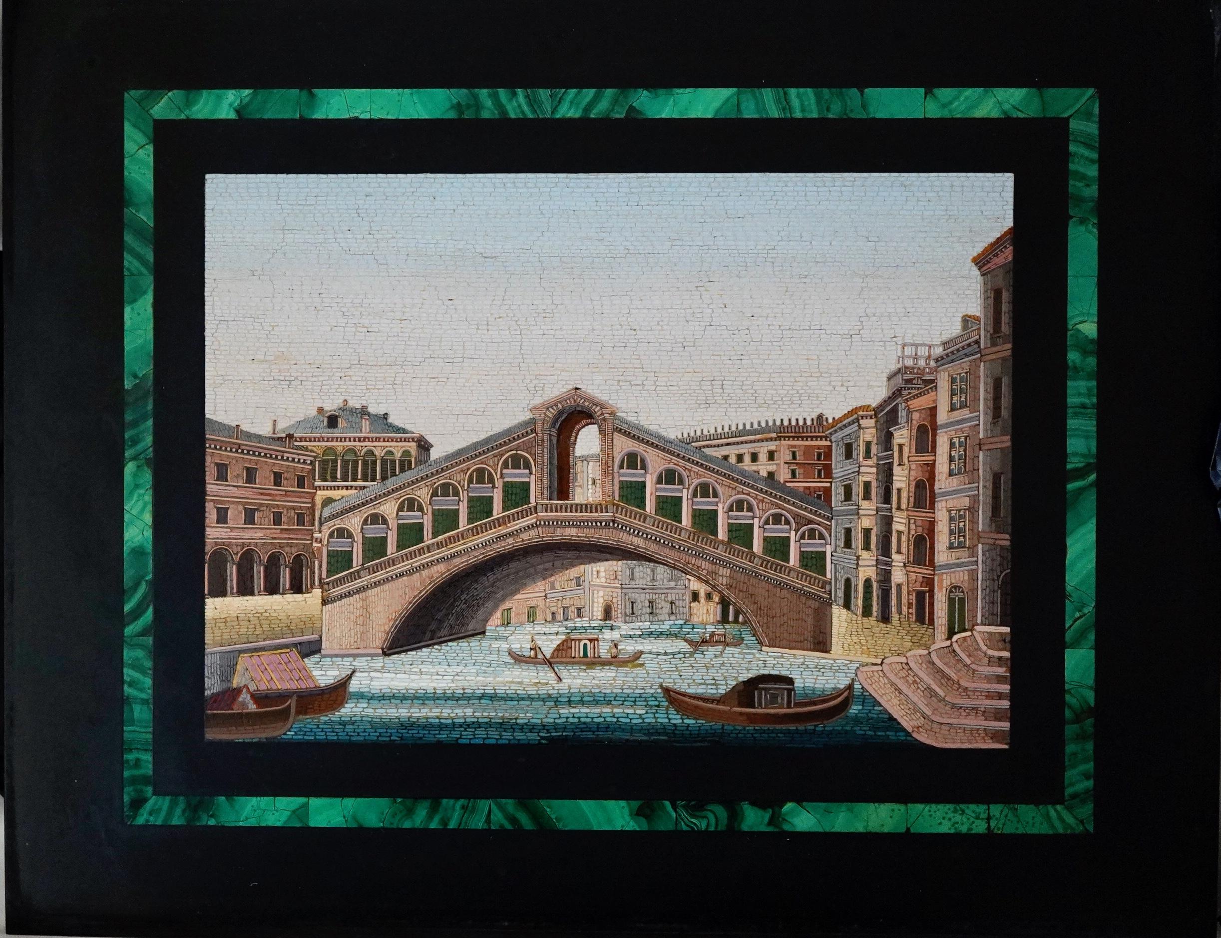 Italian micromosaic pllaque with the view of Rialto bridge in Venice. Veri fine and detailed work. The plaque is unframed. Mosaic itsellf is 6.5 by 9.25 inches, overall 11