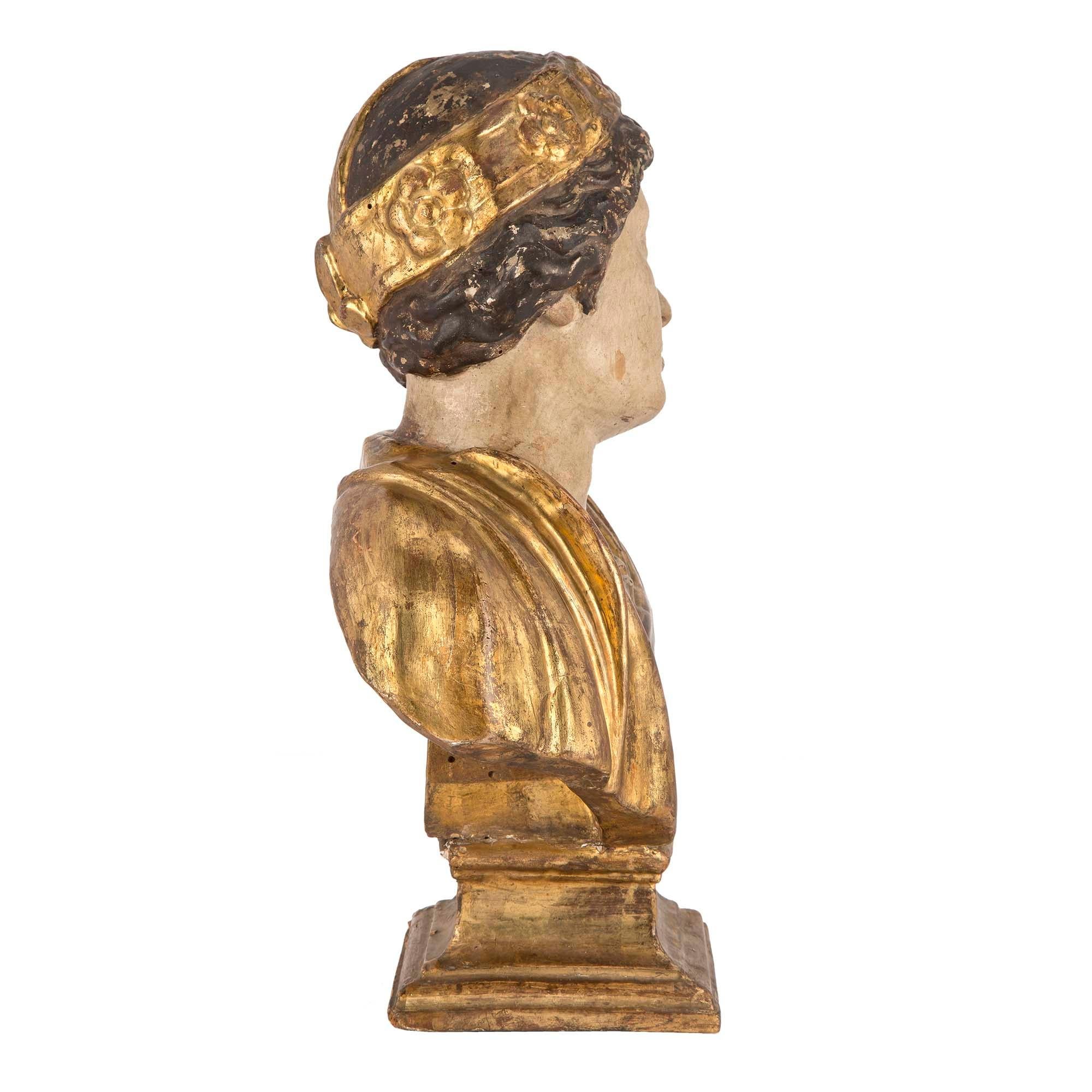 Italian Mid-17th Century Baroque Period Giltwood and Polychrome Bust In Good Condition In West Palm Beach, FL