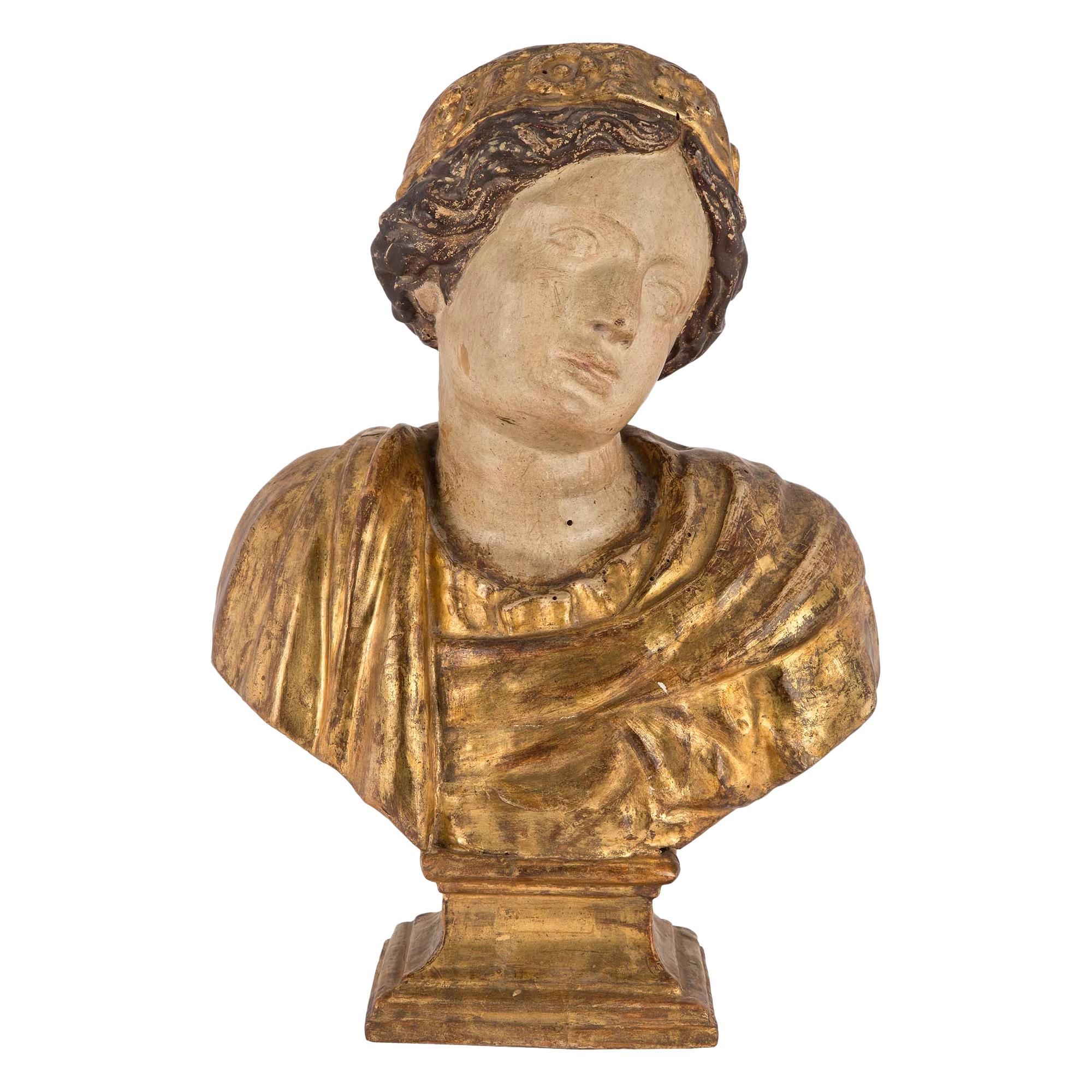 Italian Mid-17th Century Baroque Period Giltwood and Polychrome Bust