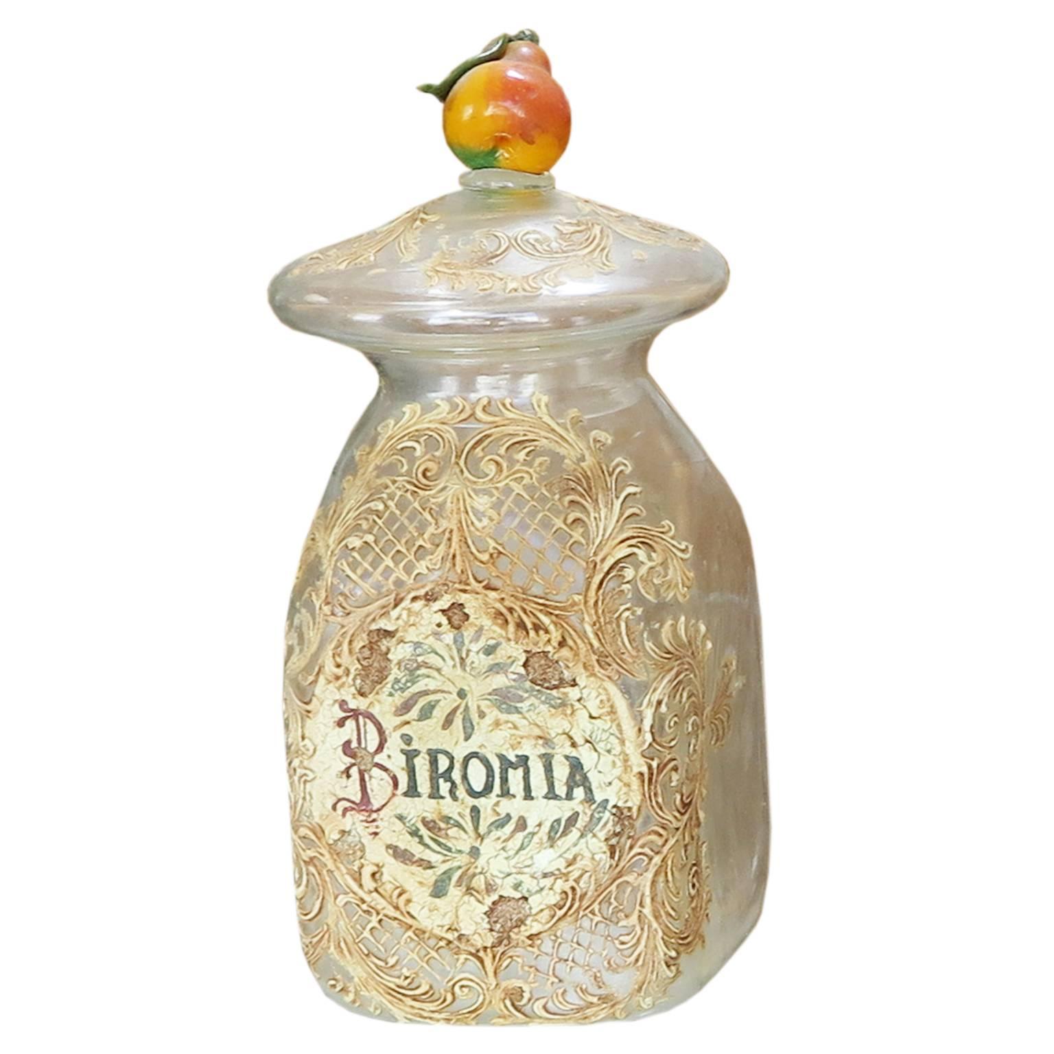 Six beautiful handblown Venetian glass jars with antiqued relief ornamentation. All jars have old names of spices or ingredients on the front. The lid of each jar is decorated with a different type of fruit.
The jars are in original condition.