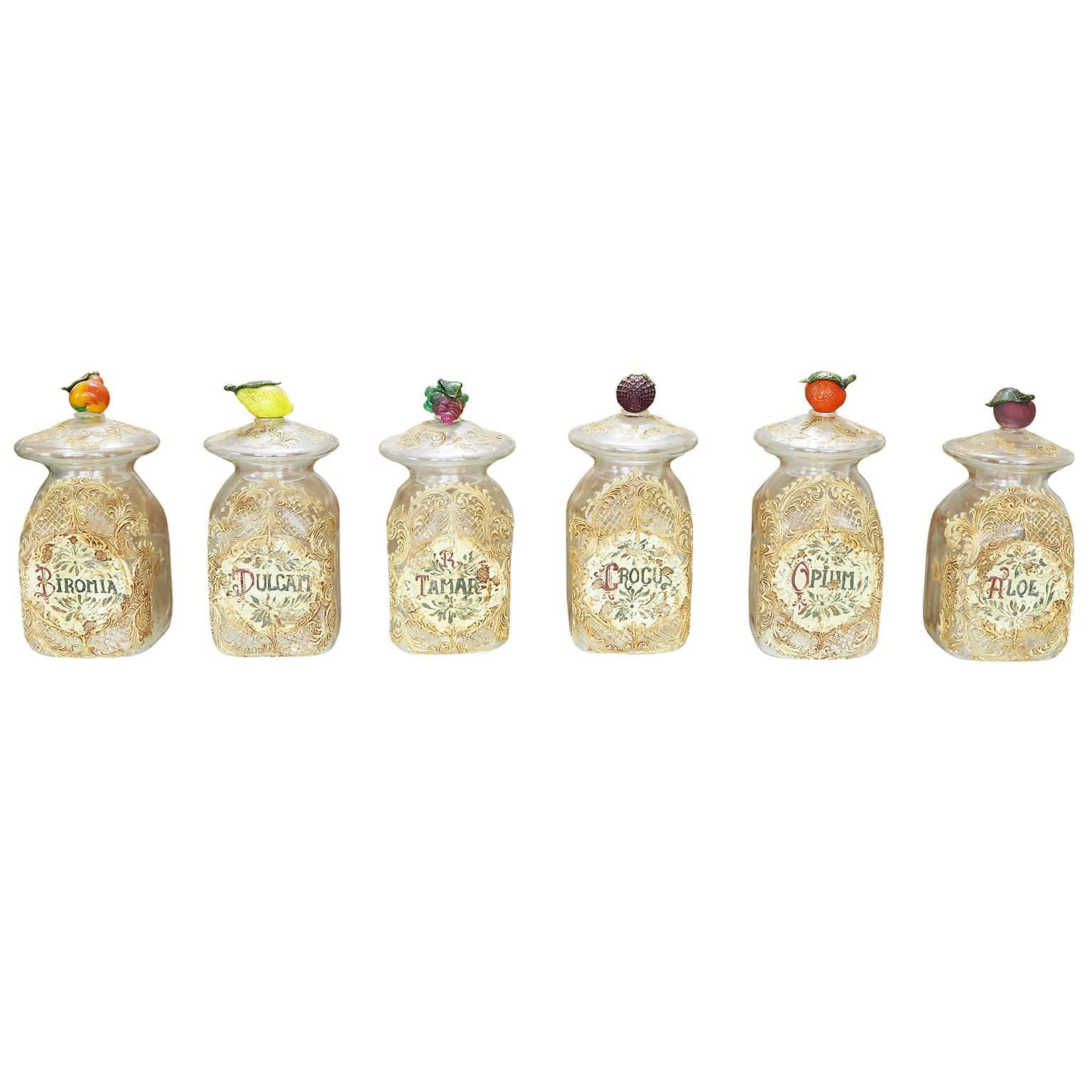 Italian Mid-1800s Decorated Venetian Glass Jars