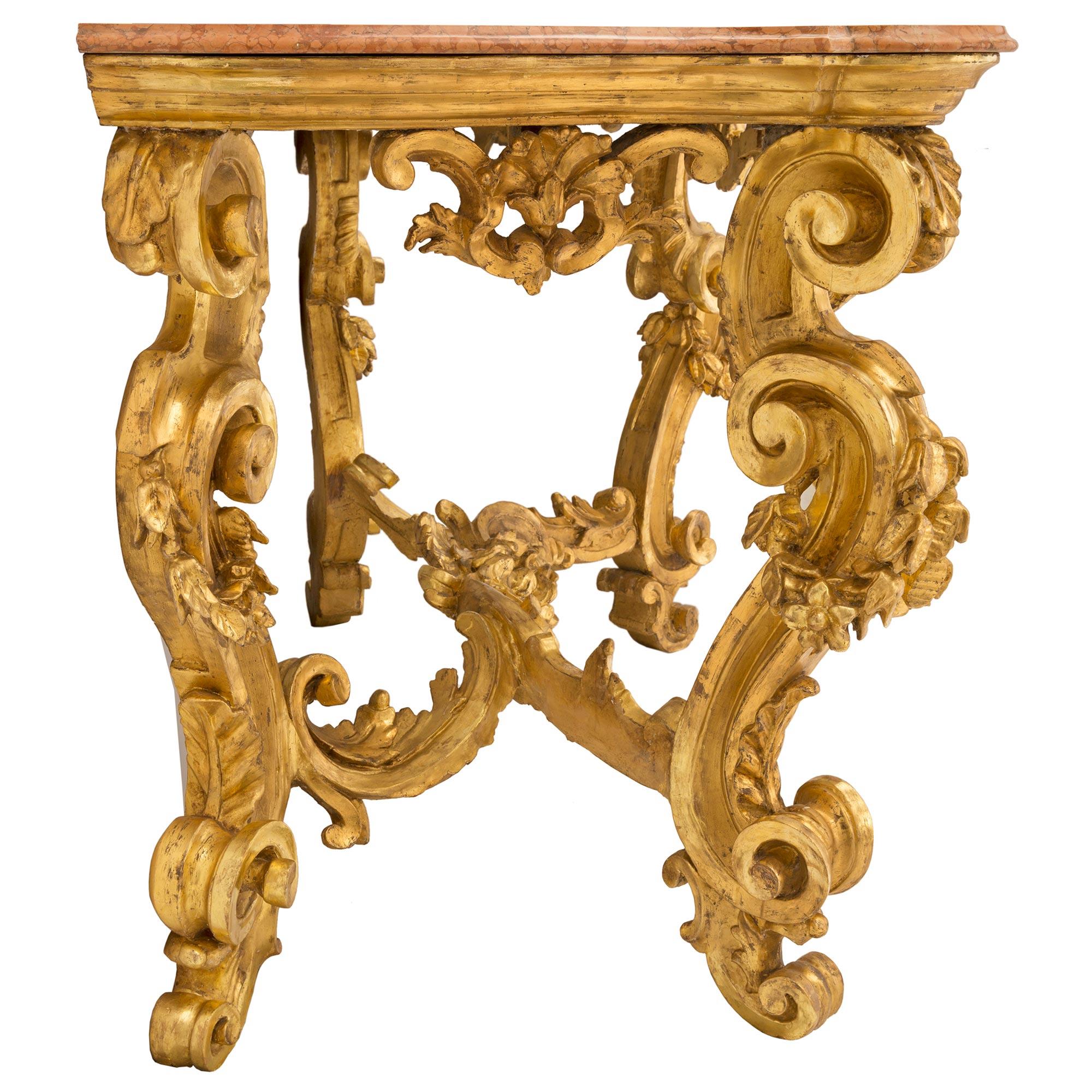 18th Century and Earlier Italian Mid-18th Century Giltwood and Rosso Verona Marble Console For Sale