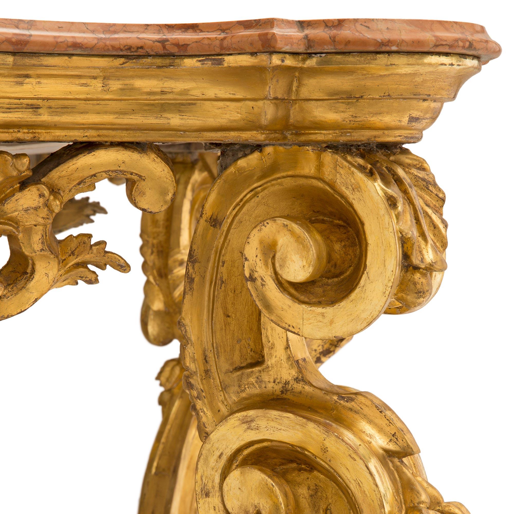 Italian Mid-18th Century Giltwood and Rosso Verona Marble Console For Sale 1