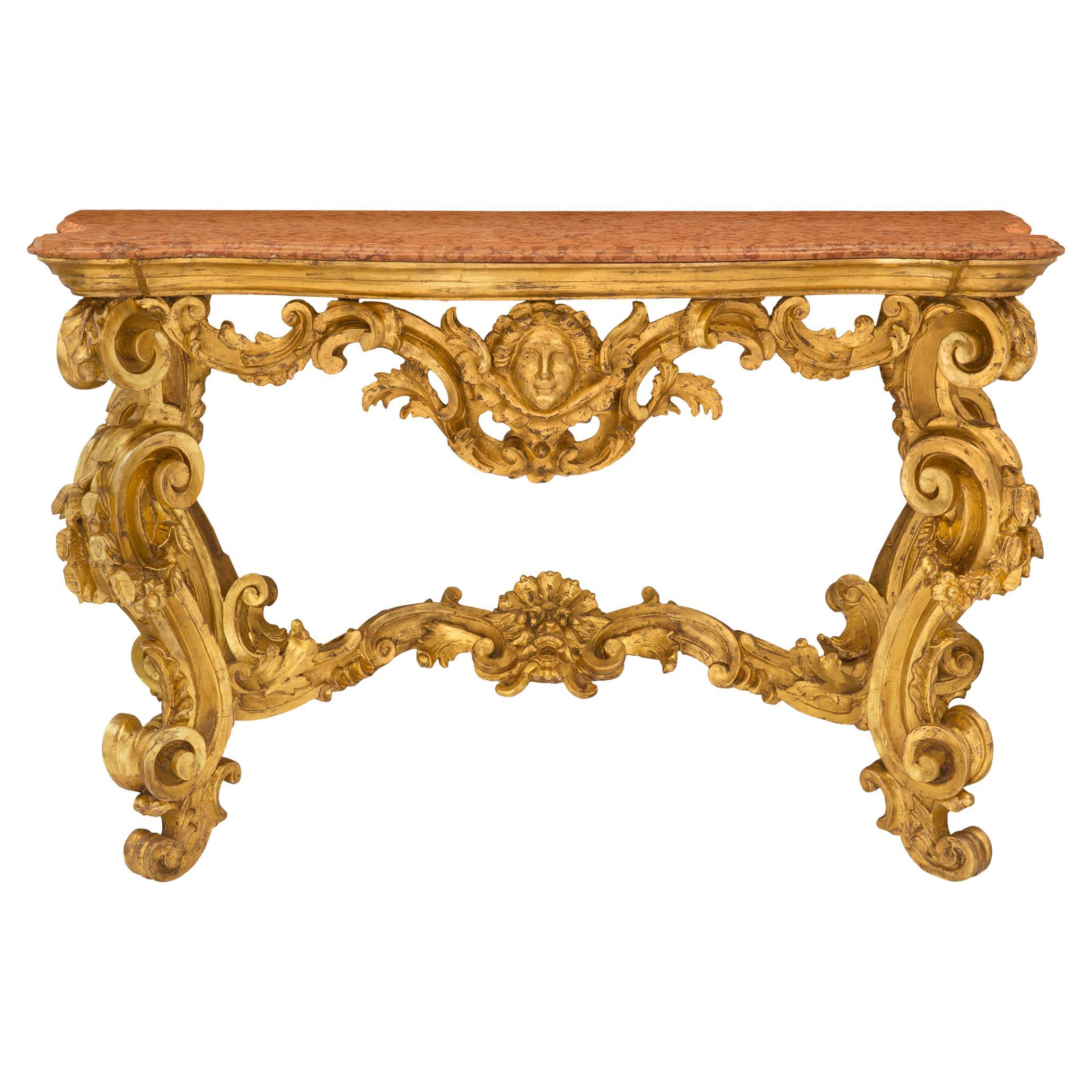 Italian Mid-18th Century Giltwood and Rosso Verona Marble Console For Sale