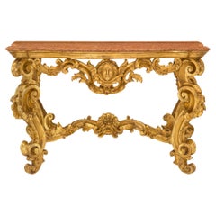 Console italienne du milieu du XVIIIe siècle en bois doré et marbre Rosso Verona