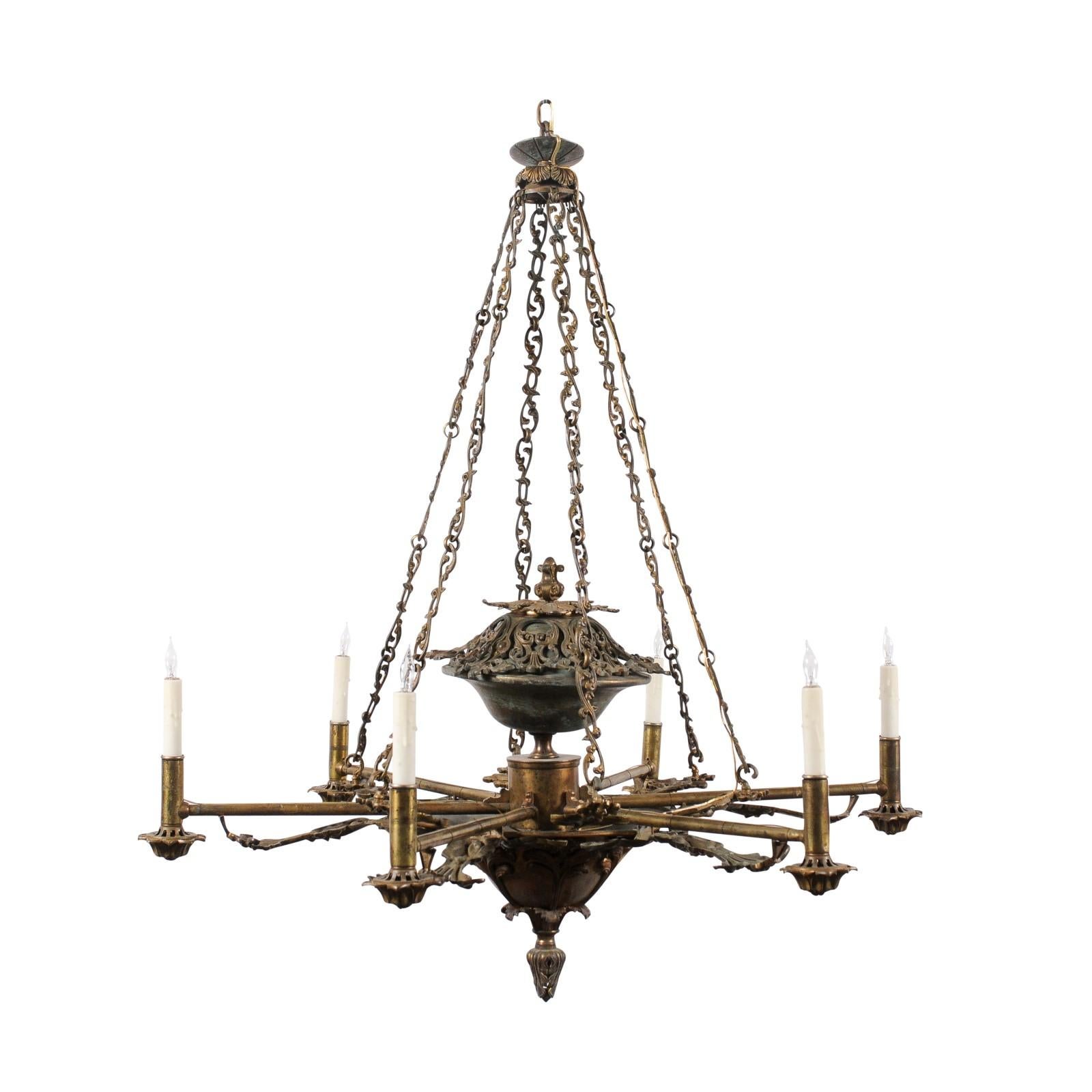 Italian Mid 19th Century Bronze Chandelier with Foliage Detail and 6 Lites In Good Condition For Sale In Atlanta, GA