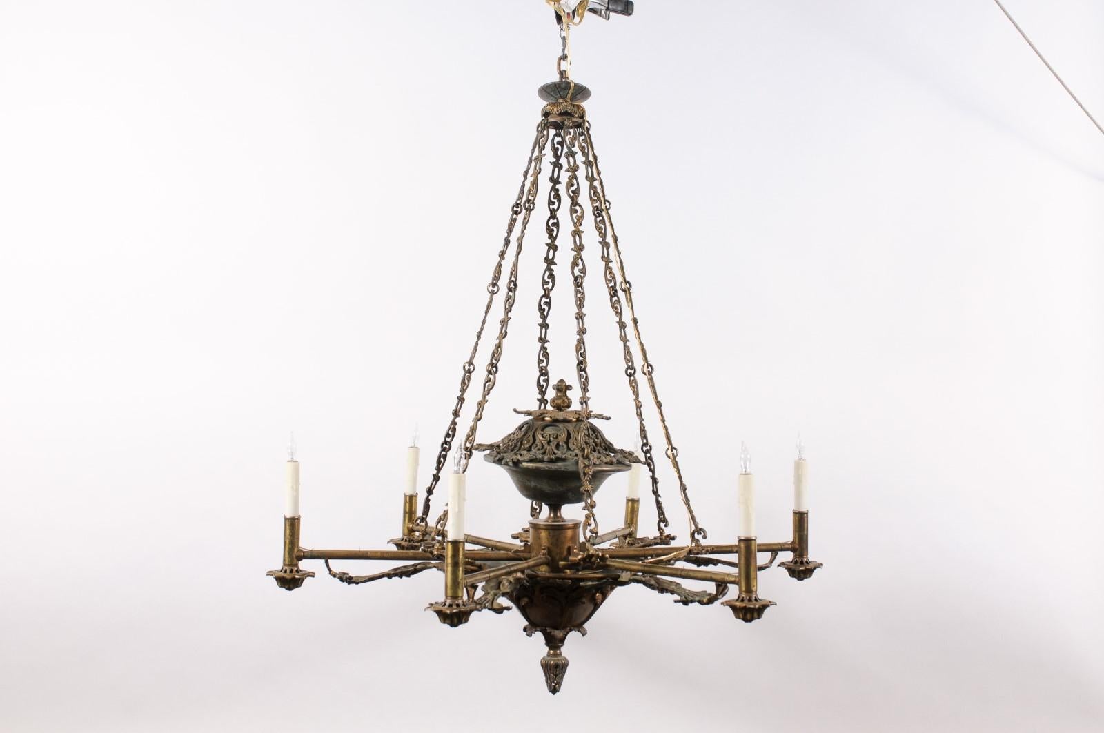  Italian Mid 19th Century Bronze Chandelier with Foliage Detail and 6 Lites For Sale 1