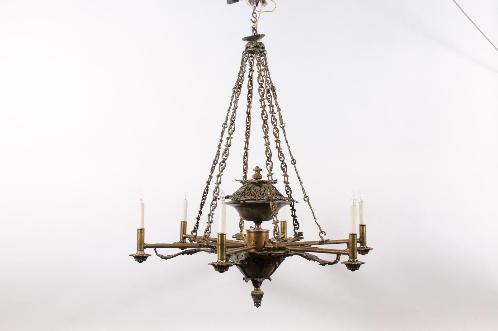  Italian Mid 19th Century Bronze Chandelier with Foliage Detail and 6 Lites For Sale 7