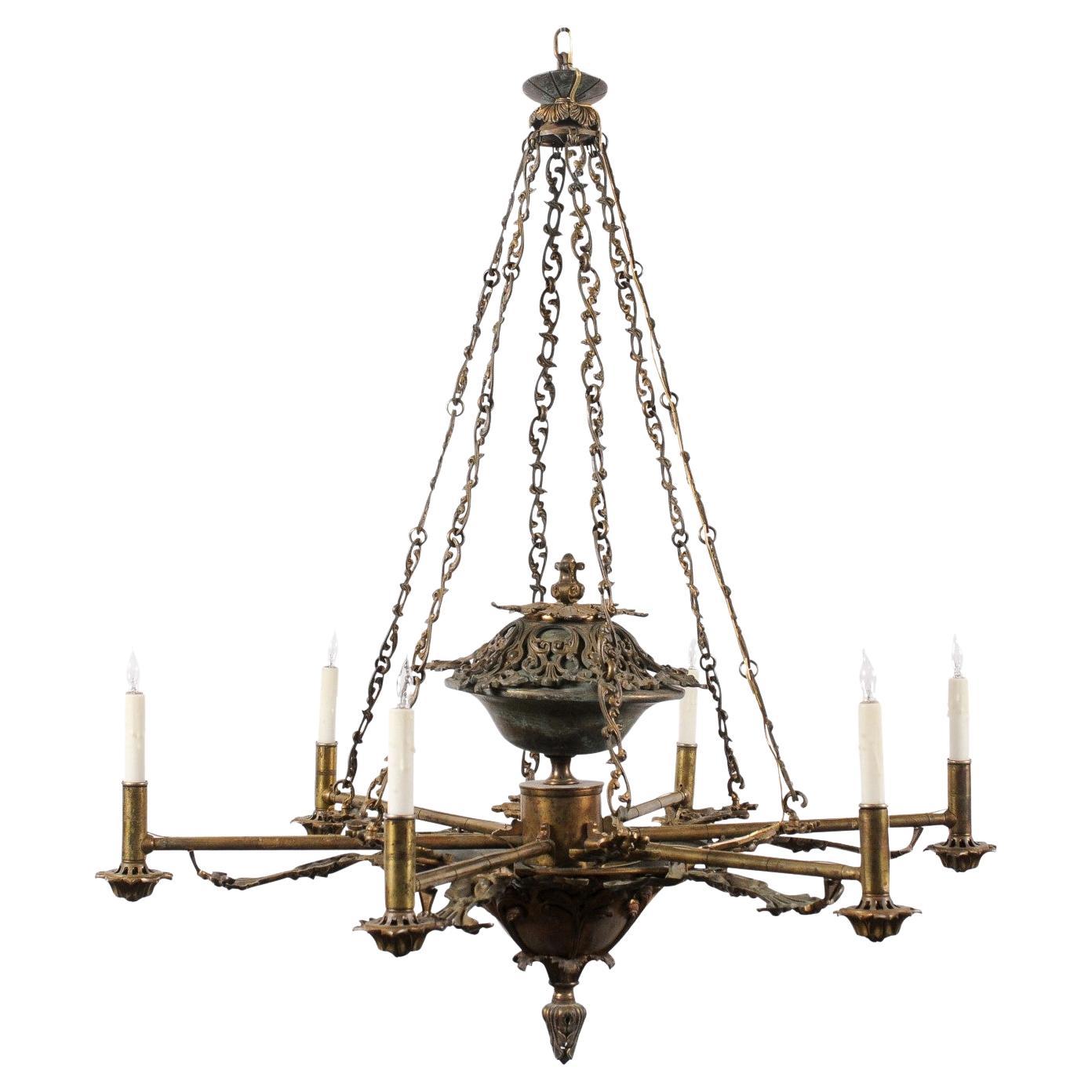  Italian Mid 19th Century Bronze Chandelier with Foliage Detail and 6 Lites For Sale