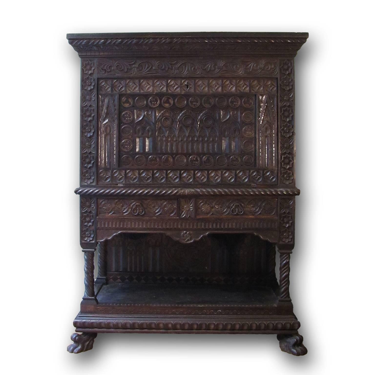 Gothic Revival Italian Mid-19th Century Carved Solid Walnut Wood Stipo, Writing Cabinet For Sale
