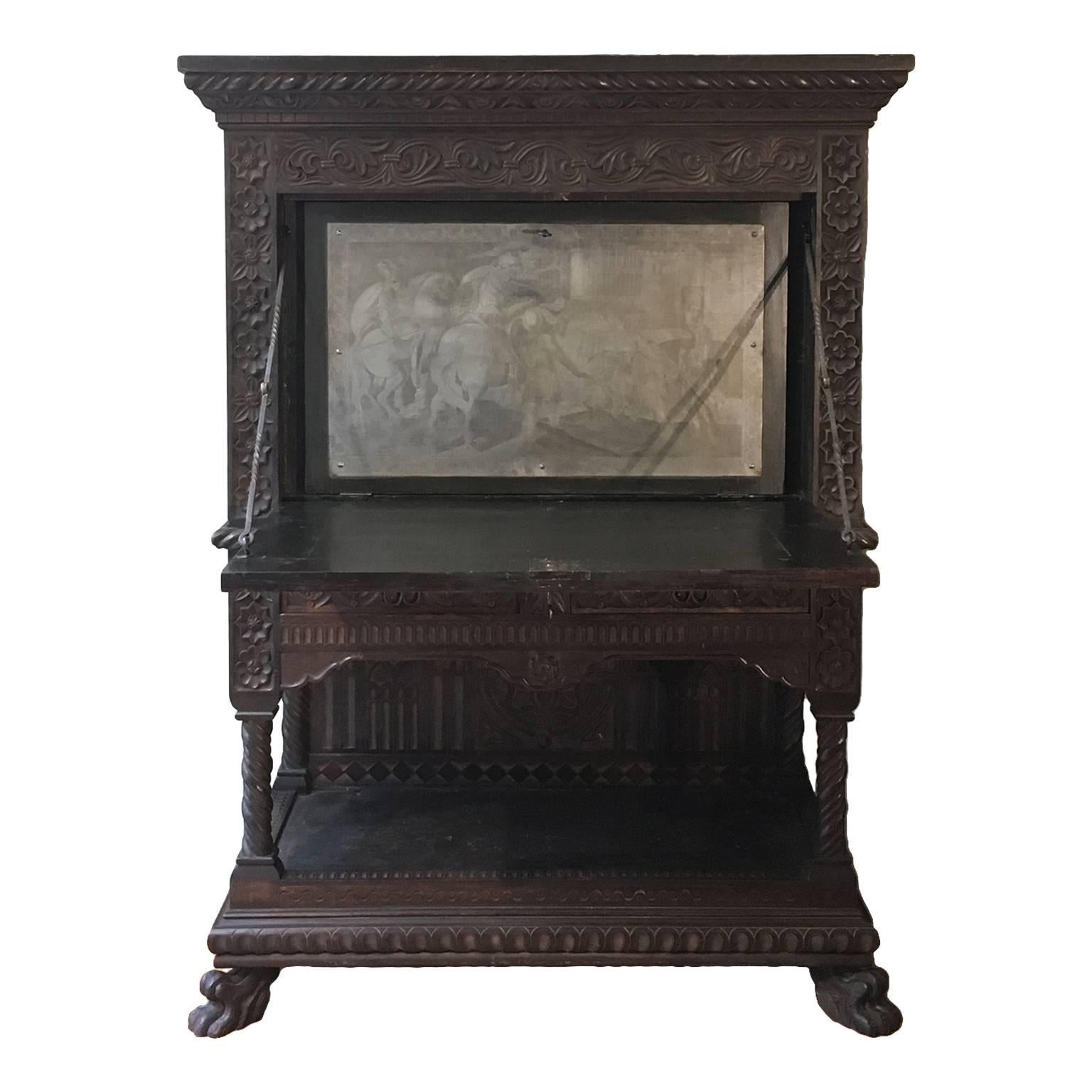 Italian Mid-19th Century Carved Solid Walnut Wood Stipo, Writing Cabinet For Sale