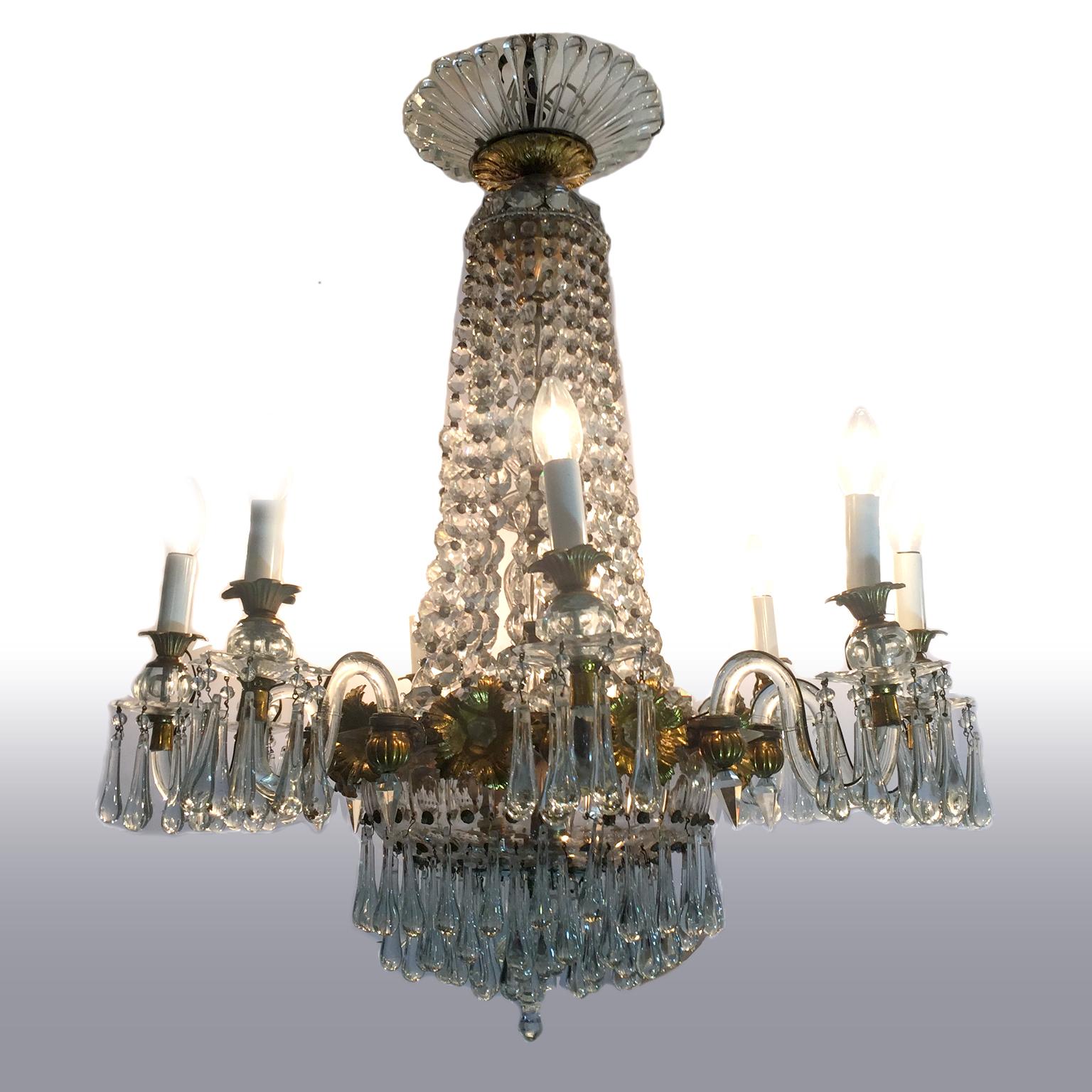 Stunning sack chandelier thing with bottom ground glass and drop pendant.
Gilded bronze ring, 12 crystal branches, at a later time addition 4 light within the base. Italian chandelier, of the period of Carlo X. 




 