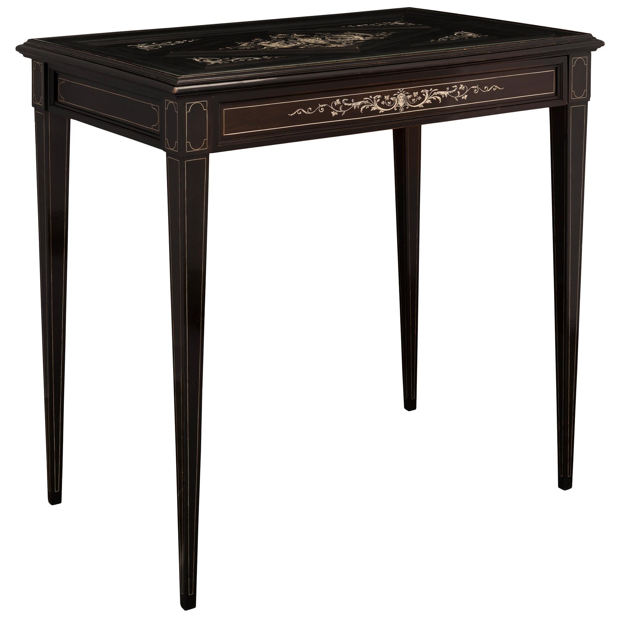 Ebonized Italian Mid-19th Century Ebony and Bone Side Table with One Drawer For Sale