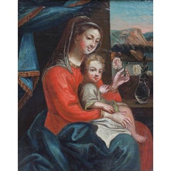 Huile sur panneau italienne du milieu du XIXe siècle représentant une « Mère et un enfant »