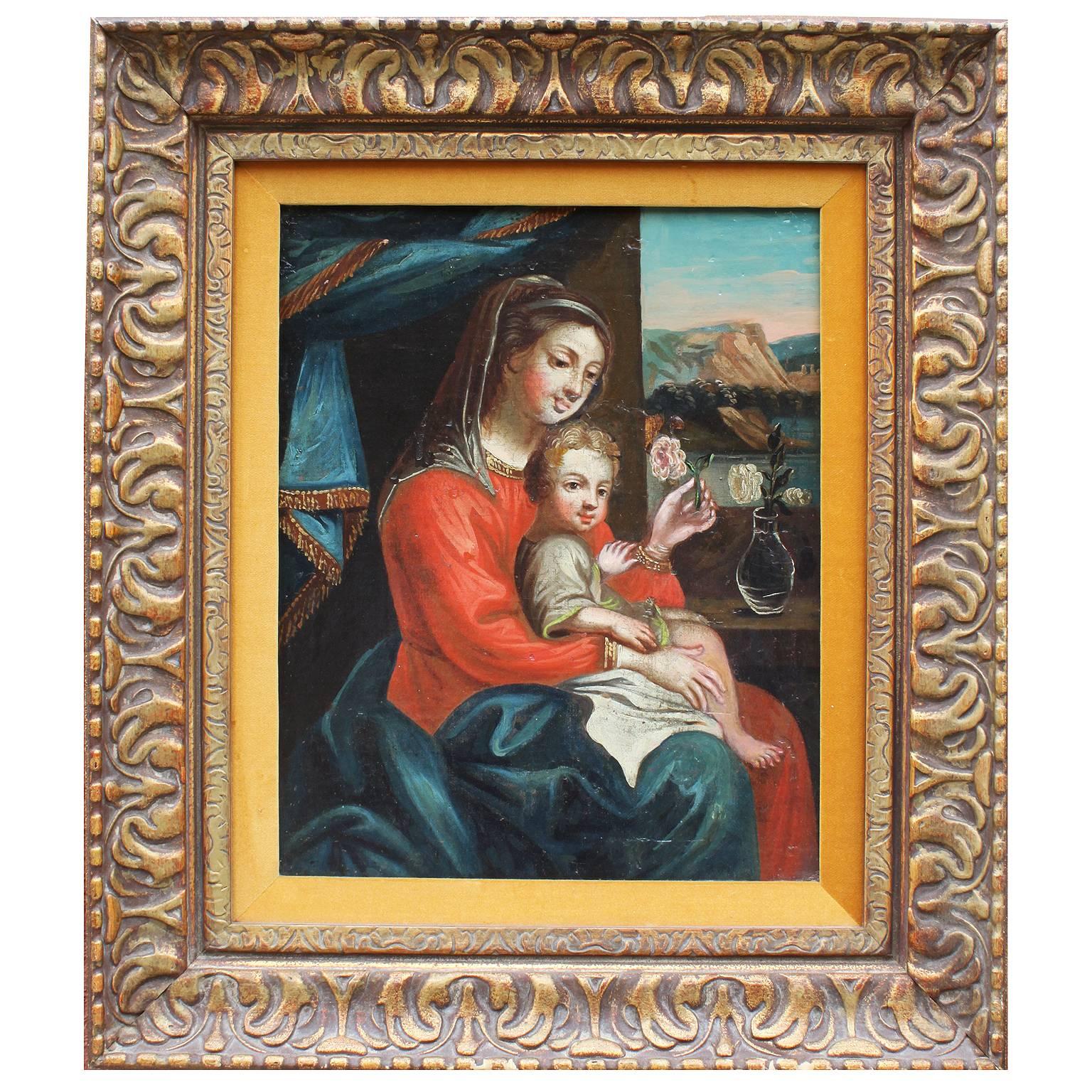 Huile sur panneau italienne du milieu du XIXe siècle représentant une « Mère et un enfant »