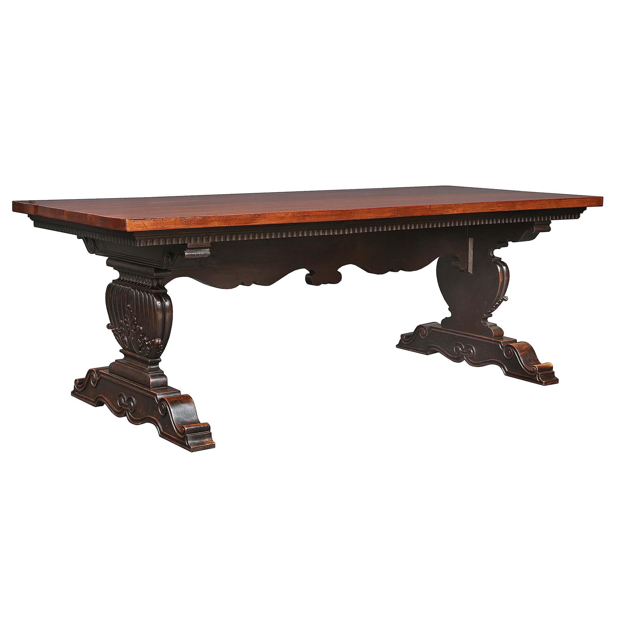 Italian Mid-19th Century Solid Walnut Trestle Table For Sale 1
