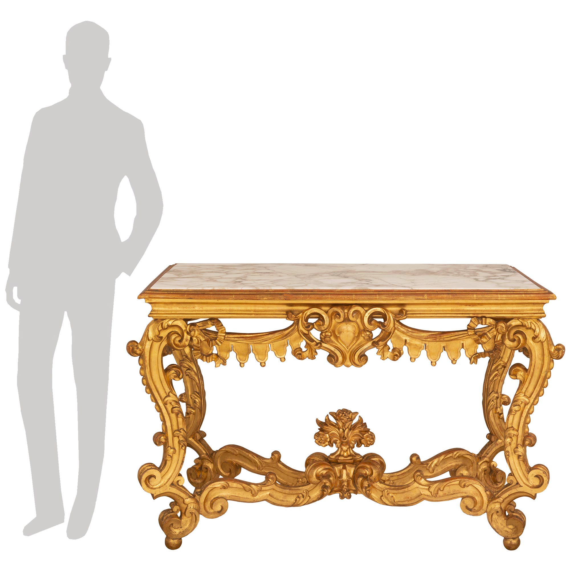 Console italienne du milieu du XIXe siècle en bois doré vénitien et marbre, autoportante