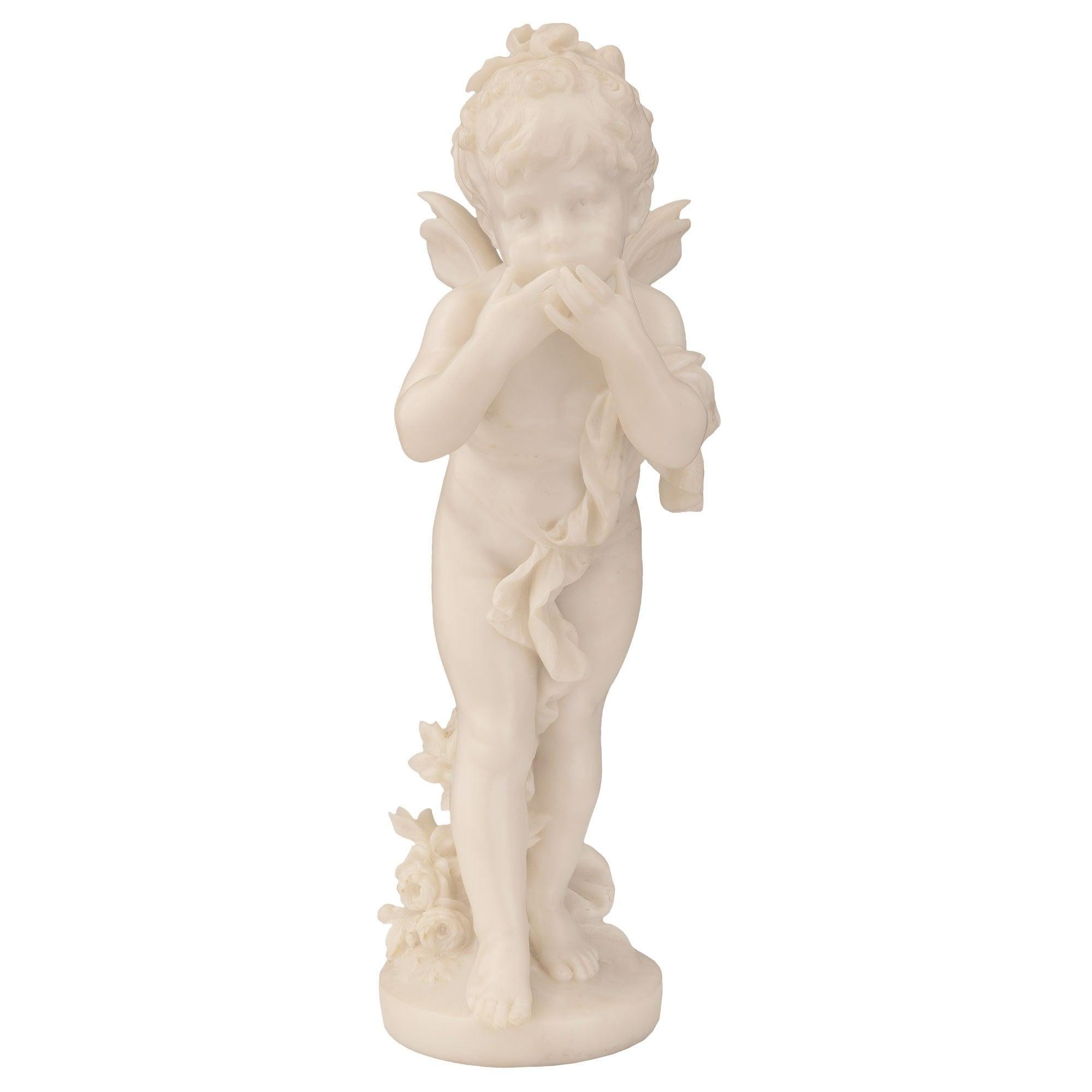 Italian Mid-19th Century White Carrara Marble Statue of Winged Girl For Sale