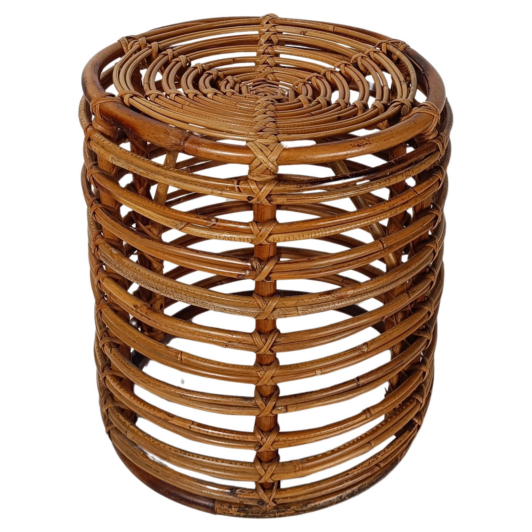 Italian Mid 20 Century Modern Stool / Pouf Hand Crafted In Bamboo & Rattan, 60s