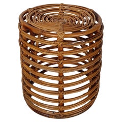 Italian Mid 20 Century Modern Stool / Pouf Hand Crafted In Bamboo & Rattan, 60s