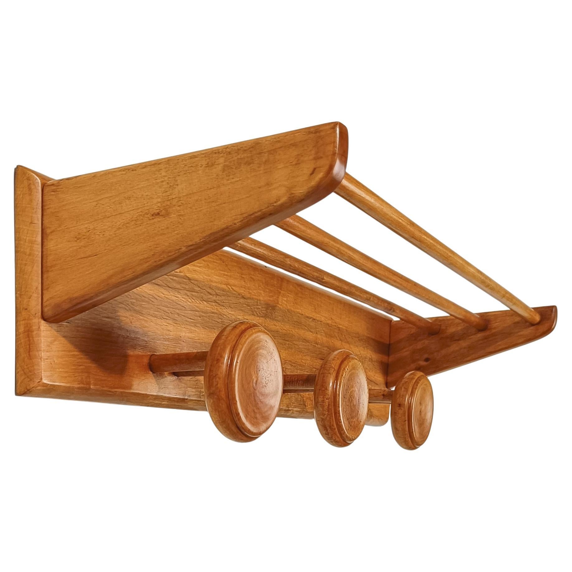 Italian Mid 20th Century Blonde Wooden Wall Coat Rack and Hat Stand by Fraber For Sale