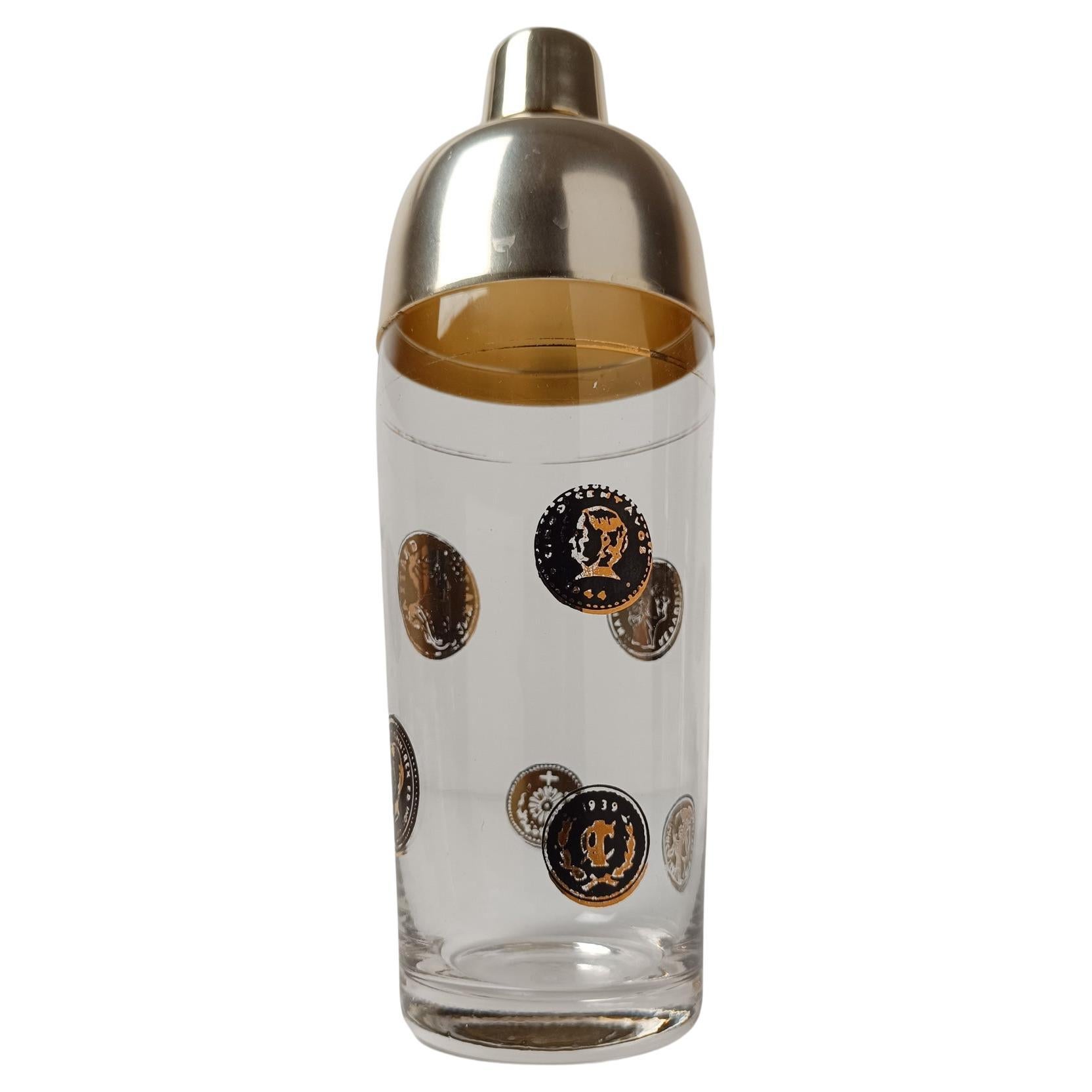 Italian Mid 20th Century Cocktail Shaker in Glass decorated with Old Coins, 50s For Sale