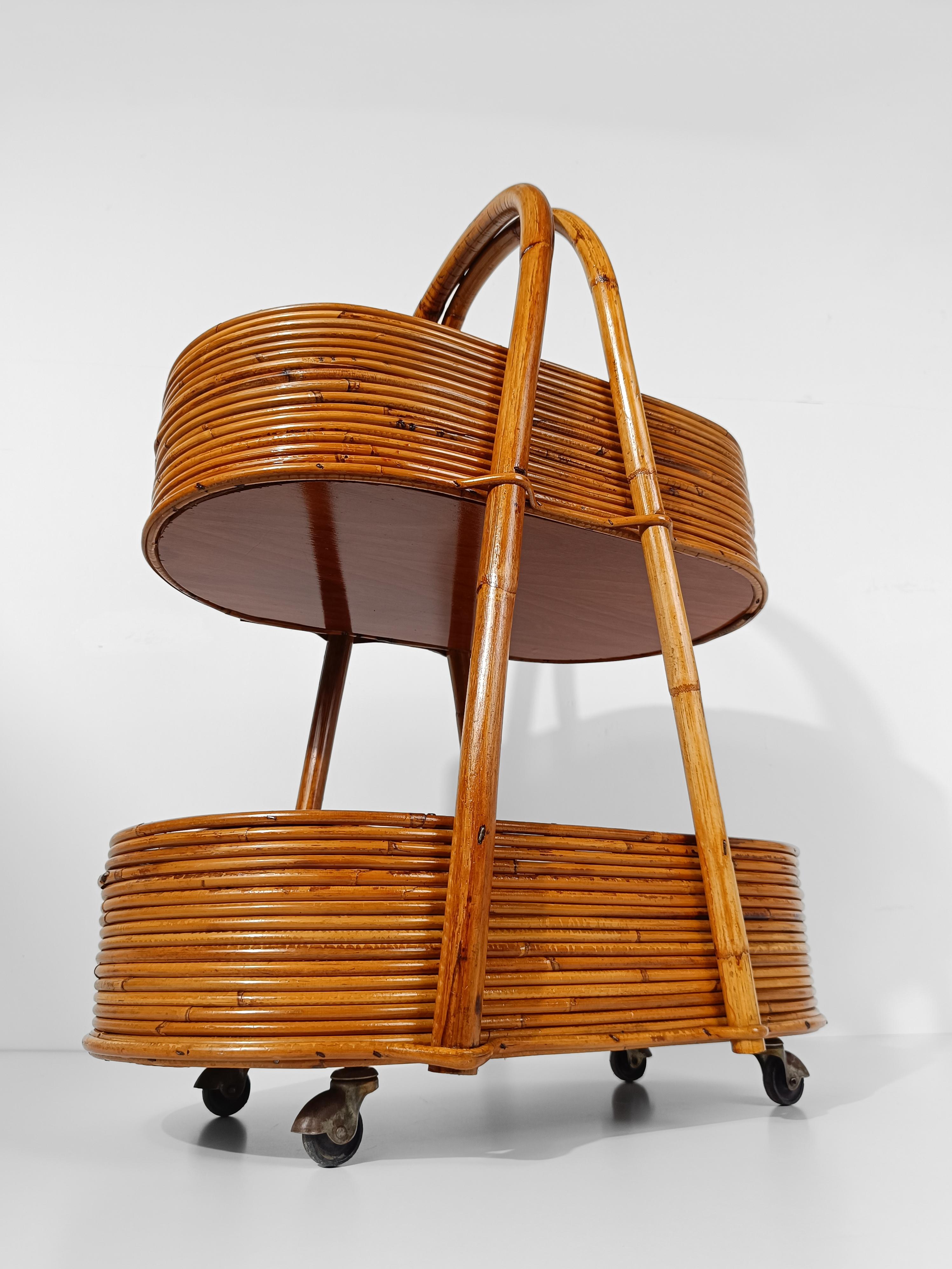 Italian Mid 20th Century Modern Bar Cart in Bamboo, Cane & Rattan, 1960s For Sale 6