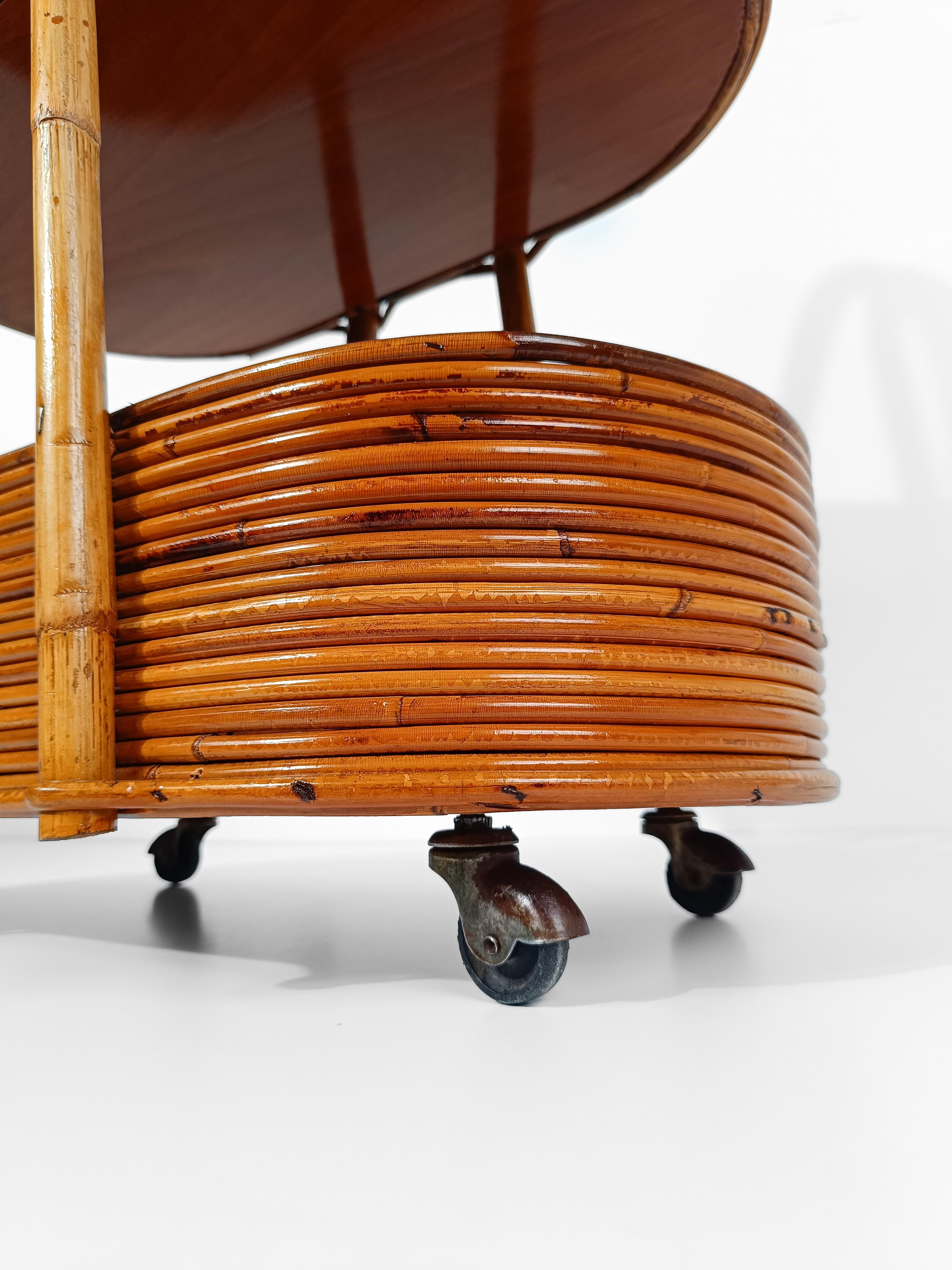 Italian Mid 20th Century Modern Bar Cart in Bamboo, Cane & Rattan, 1960s For Sale 7