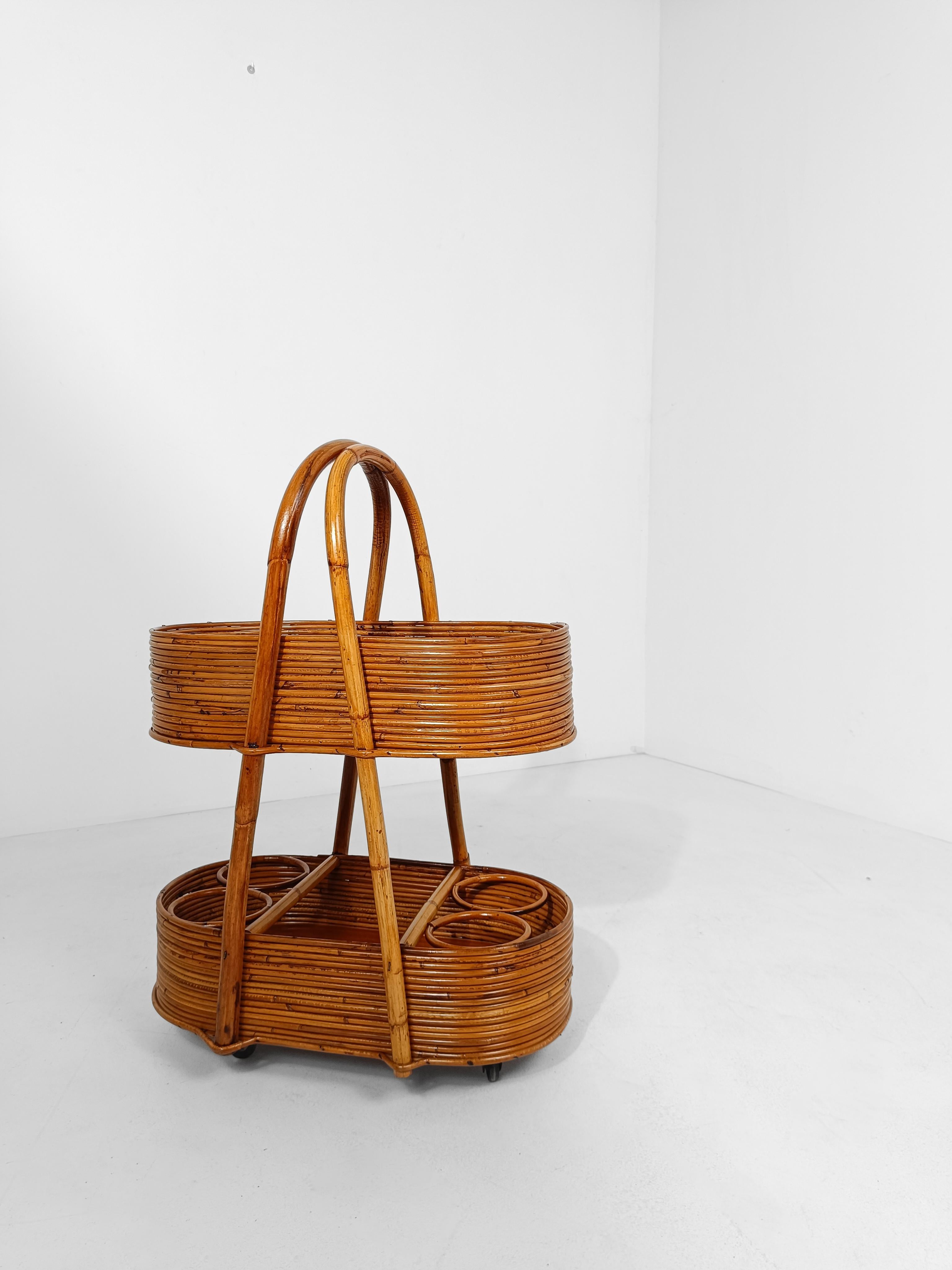 Italian Mid 20th Century Modern Bar Cart in Bamboo, Cane & Rattan, 1960s For Sale 8