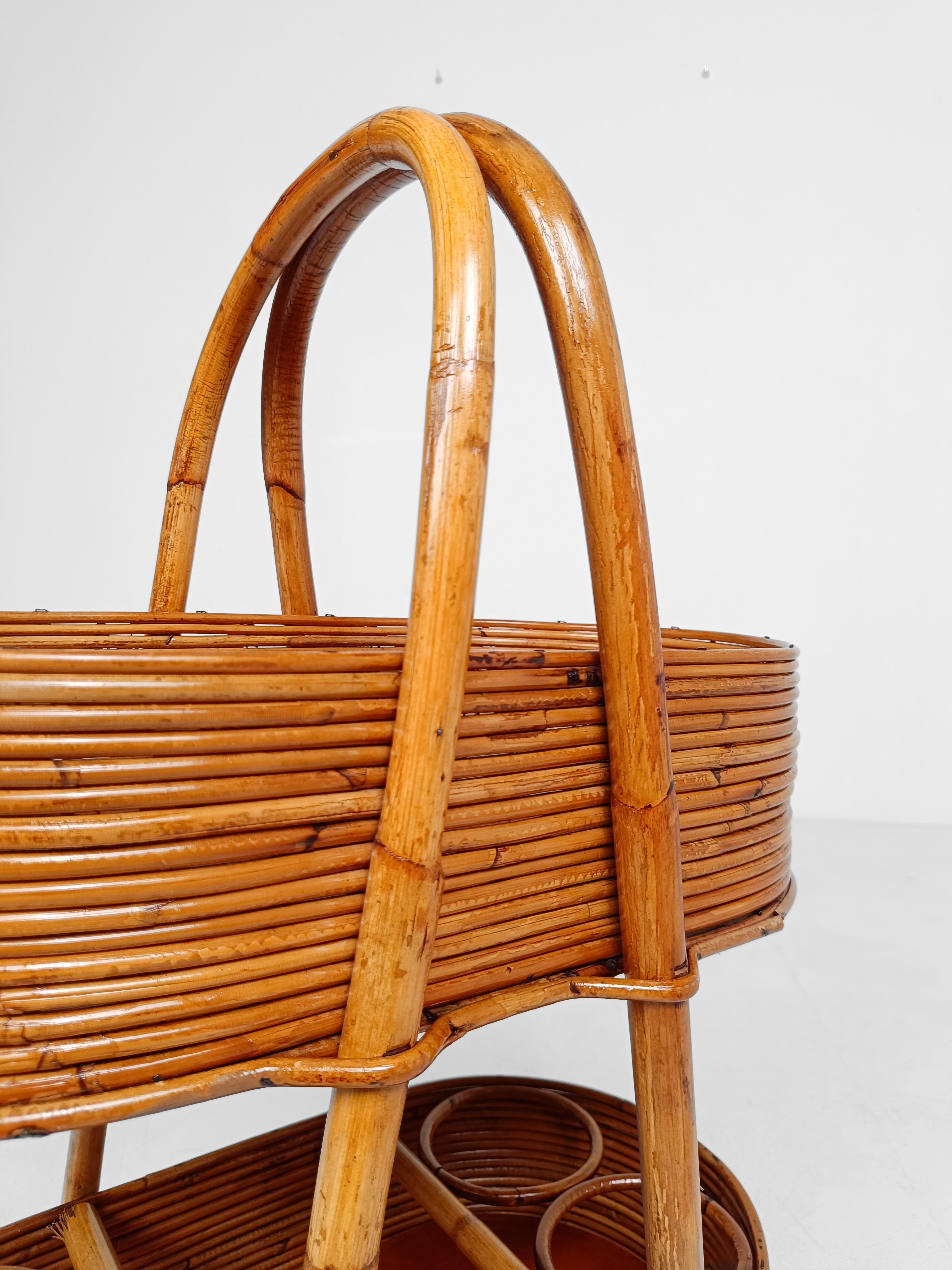 Italian Mid 20th Century Modern Bar Cart in Bamboo, Cane & Rattan, 1960s For Sale 9