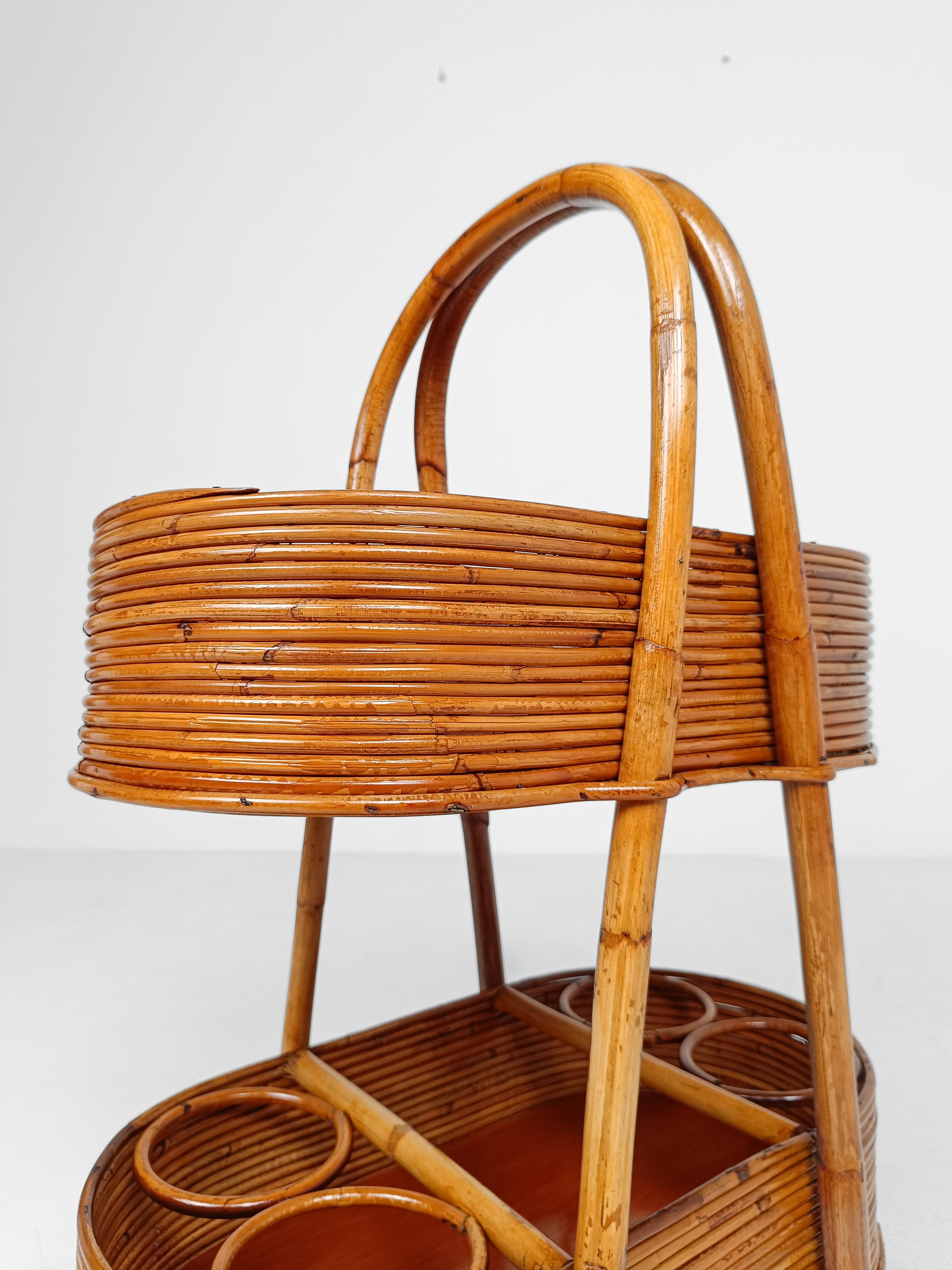 Italian Mid 20th Century Modern Bar Cart in Bamboo, Cane & Rattan, 1960s For Sale 10